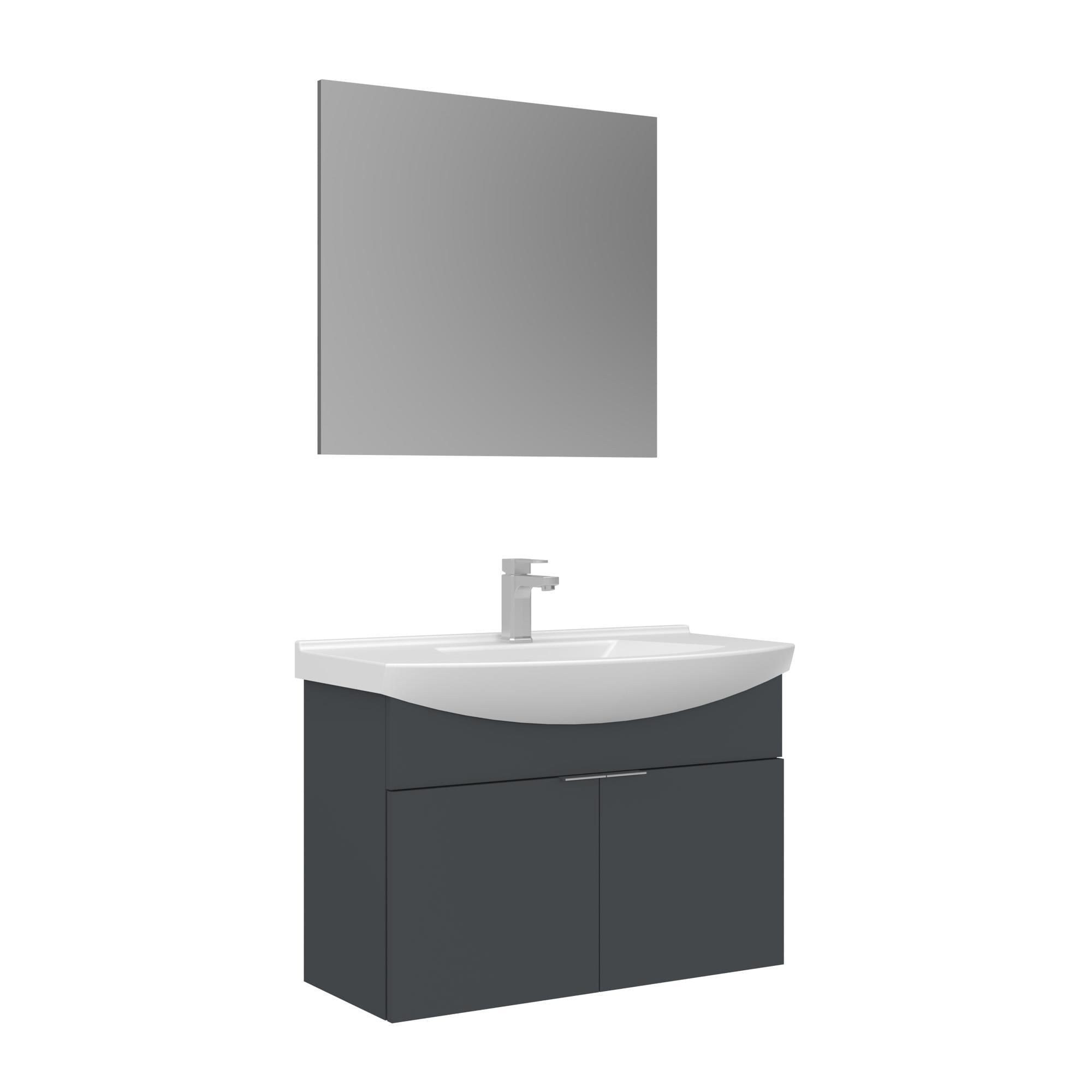 Orka Purus 80 cm Mat Antrasit Düz Aynalı Banyo Dolabı Takımı (Asma)