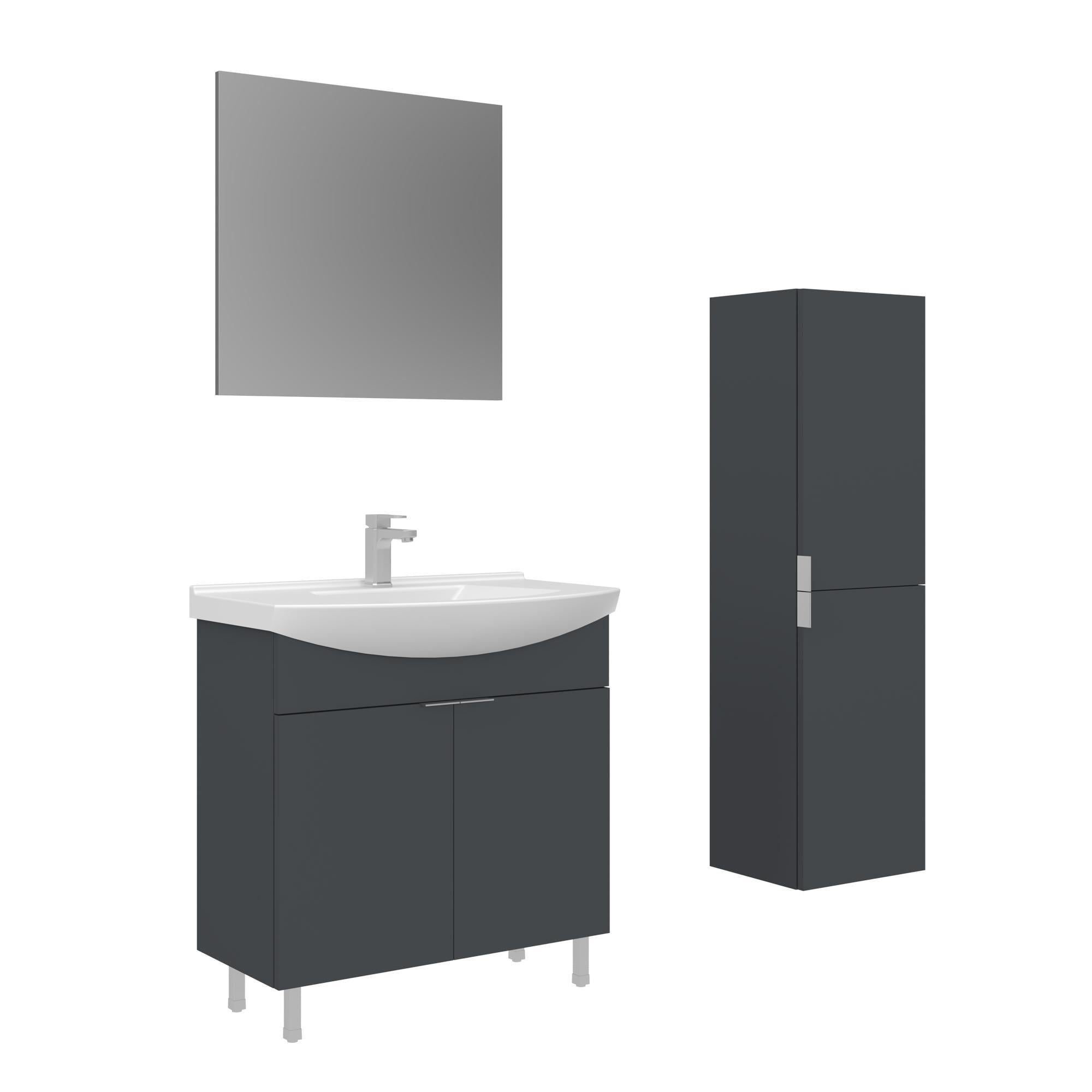 Orka Purus 80 cm Mat Antrasit Düz Aynalı Banyo Dolabı Takımı ve Boy Dolabı (Ayaklı)