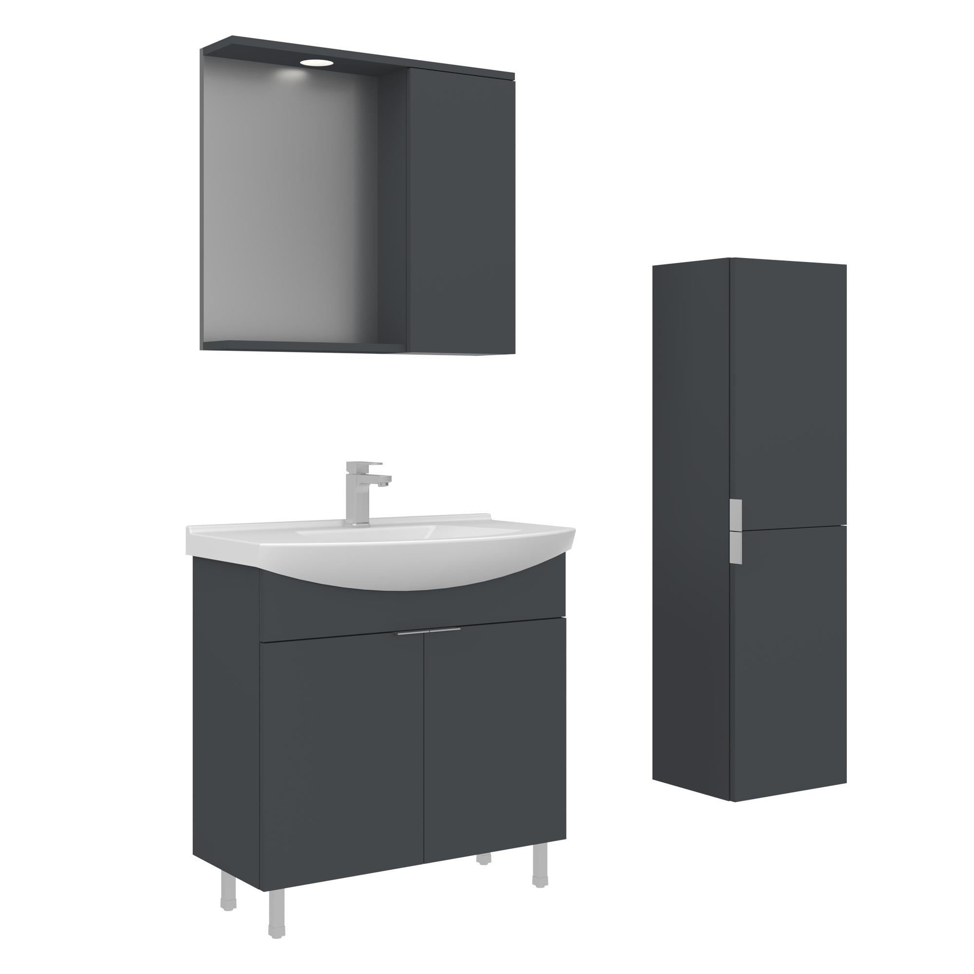 Orka Purus 80 cm Mat Antrasit Spot Aynalı Banyo Dolabı Takım ve Boy Dolabı (Ayaklı)