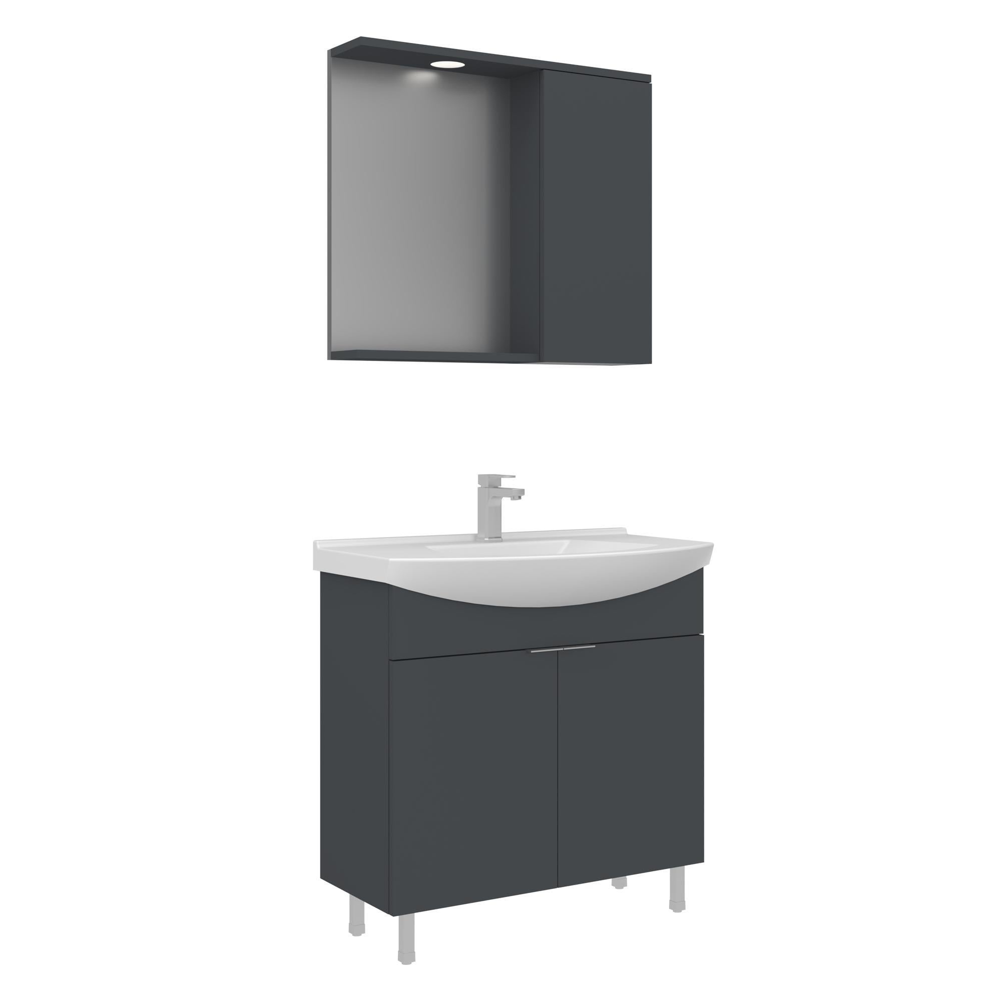 Orka Purus 80 cm Mat Antrasit Spot Aynalı Banyo Dolabı Takım (Ayaklı)