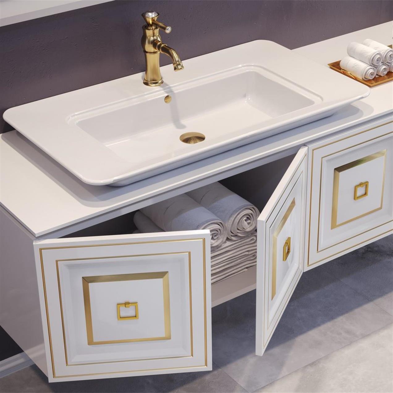 Orka Style 160 cm MDF Beyaz-Altın Banyo Dolabı Alt Modül, Lavabo