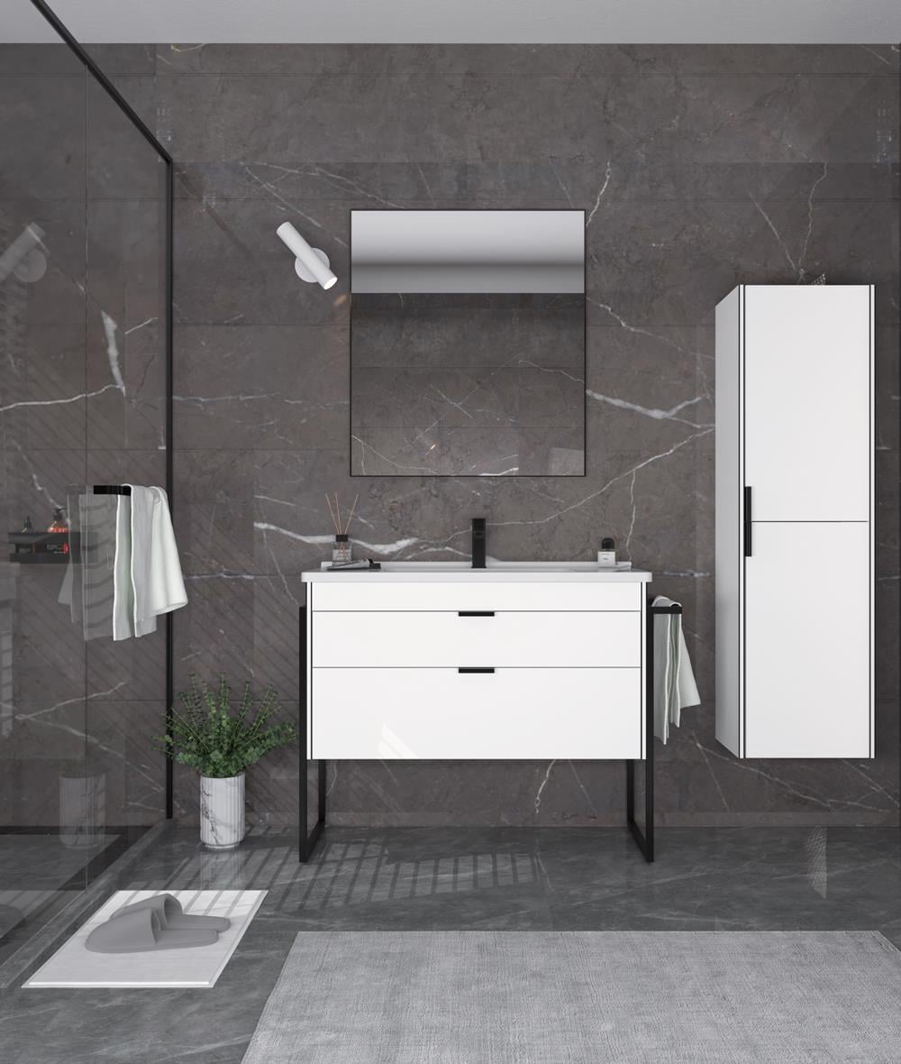 Orka Trio 80 cm MDF Çekmeceli Beyaz Ayaklı Banyo Dolabı Takımı ve Boy Dolabı
