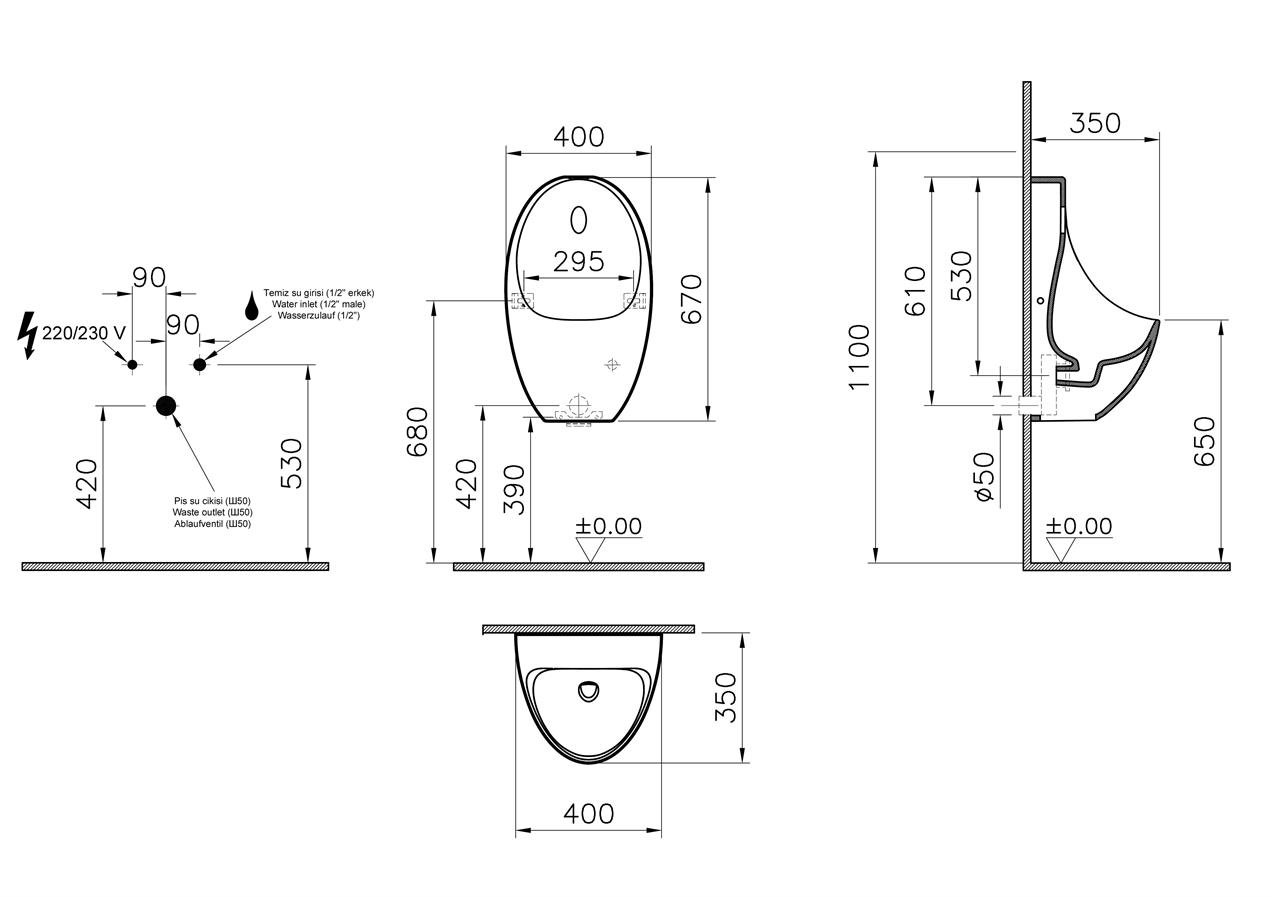 VitrA Arkitekt Beyaz Fotoselli Elektrikli Pisuvar 5999B003-5556