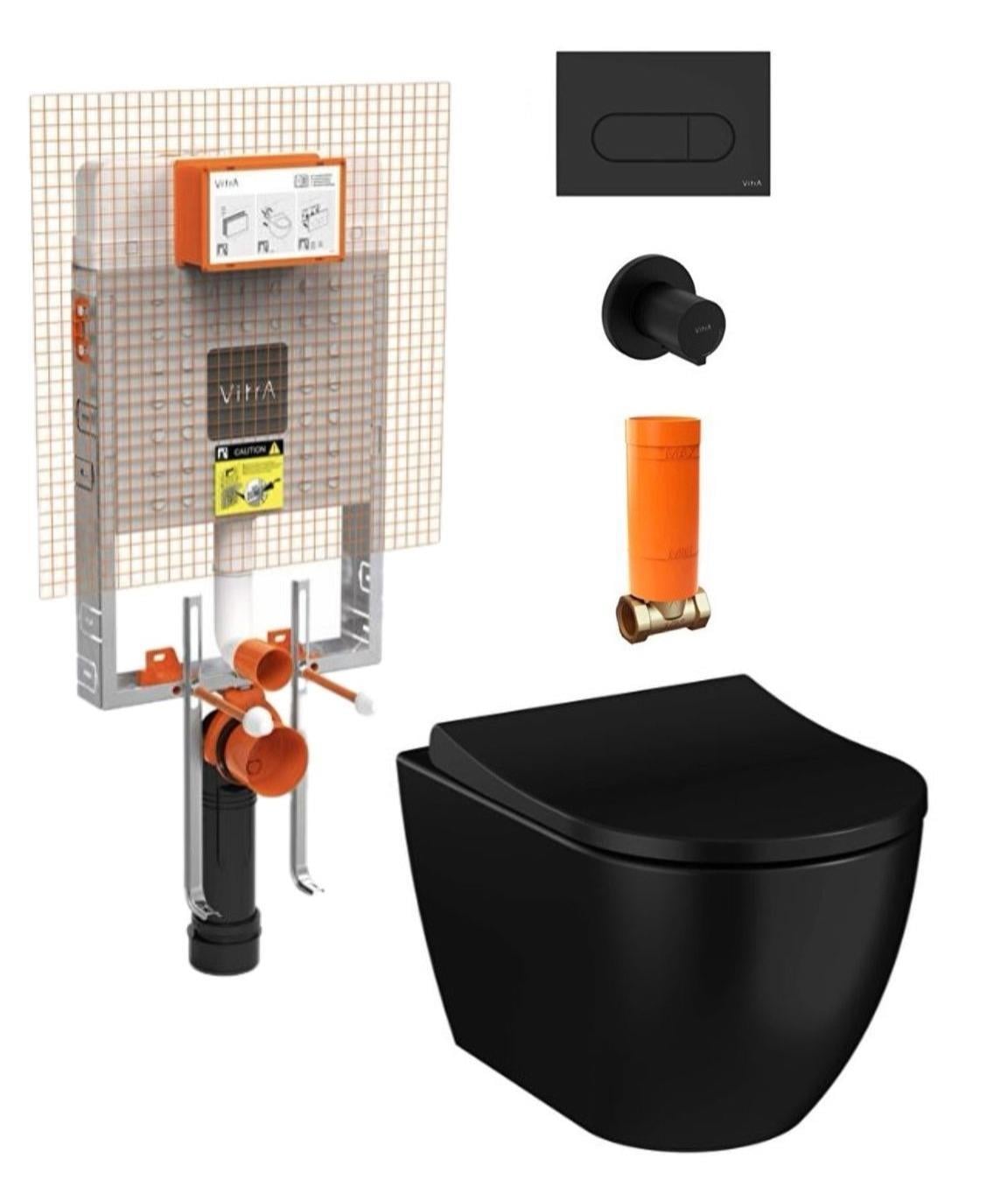 Vitra S60 SmoothFlush Mat Siyah Kanalsız Asma Klozet ve Gömme Rezervuar Tam Set 800-1896