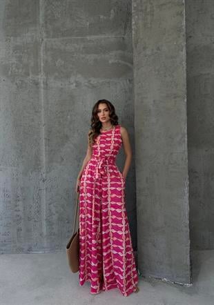 Pembe Desen İspanyol Kuşaklı Tasarım Tulum