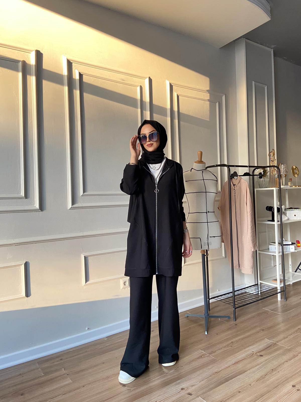 Viskon Fermuarlı Takım Siyah