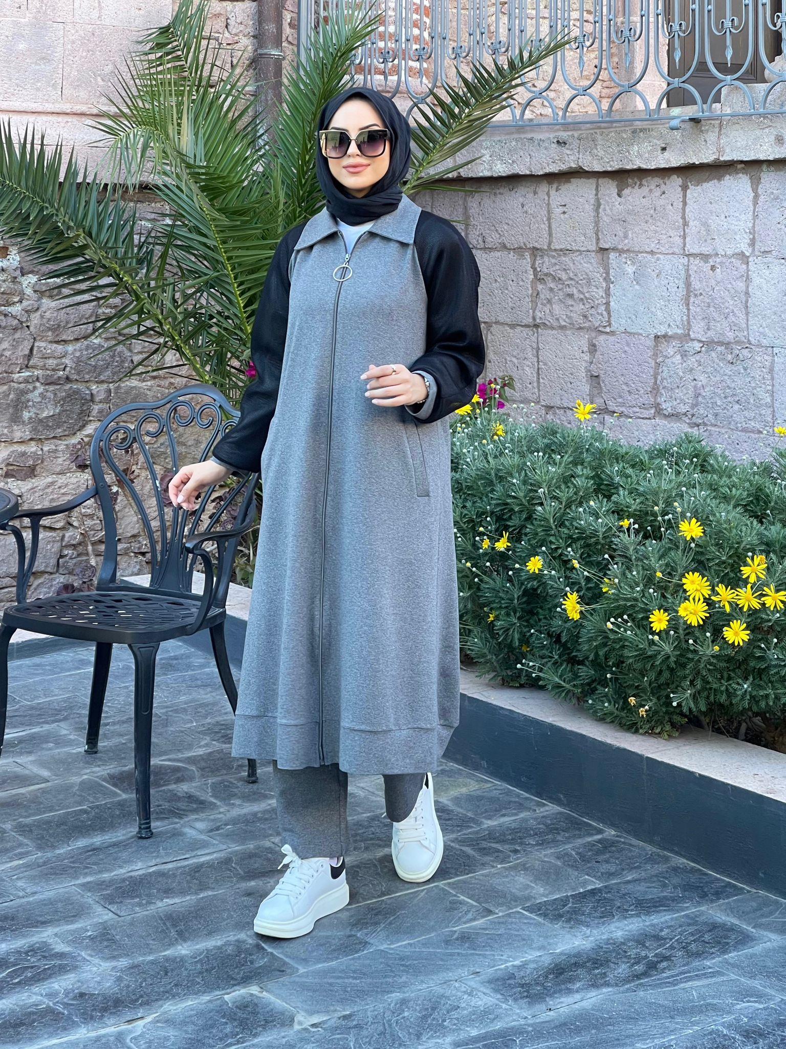  File Detaylı Fermuarlı Kap Gri