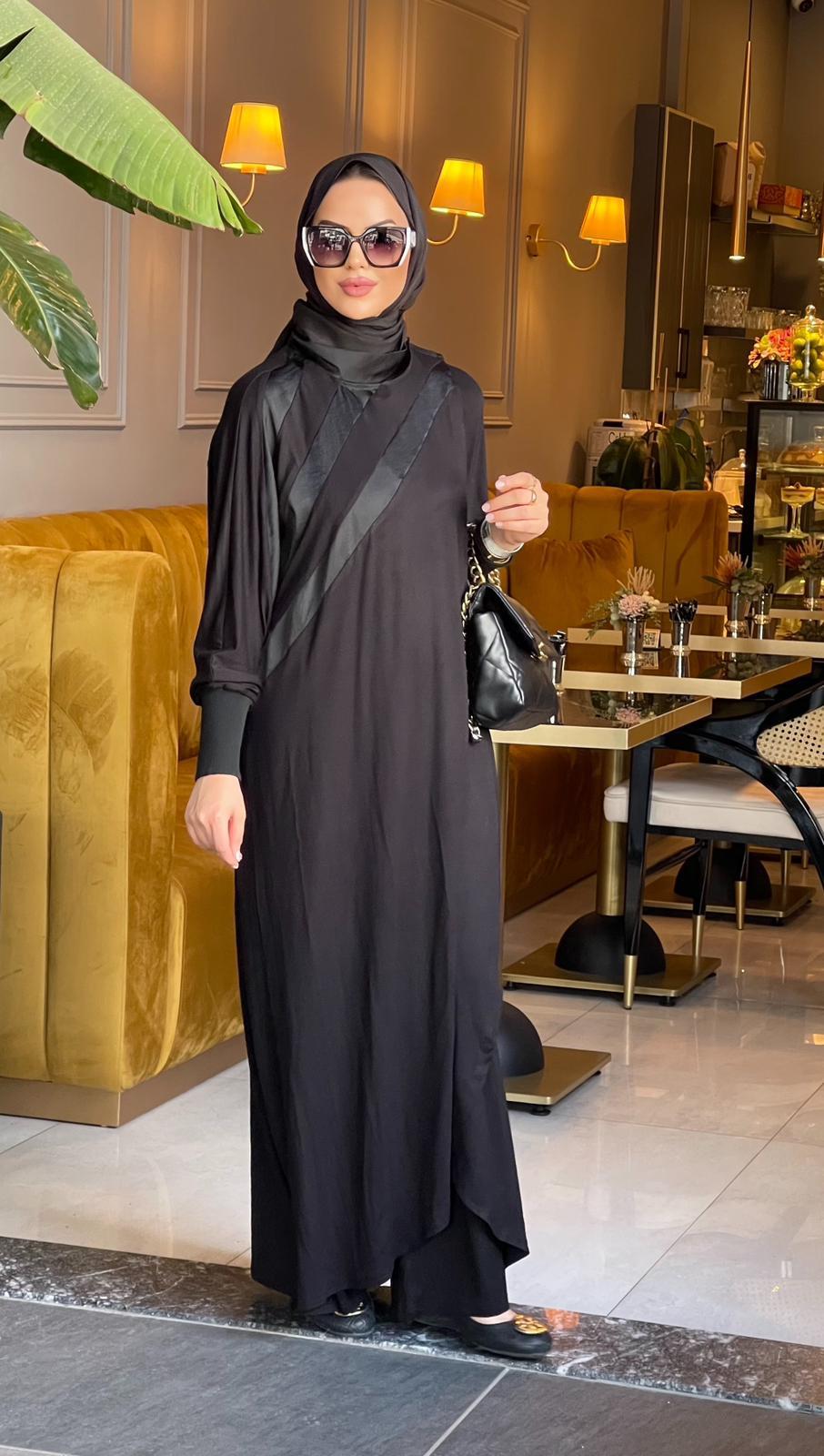 Floş Şeritli Kap Tunik Siyah