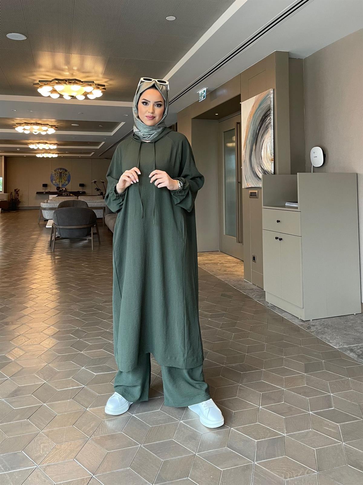 Spor Kapşonlu İkili Takım Haki