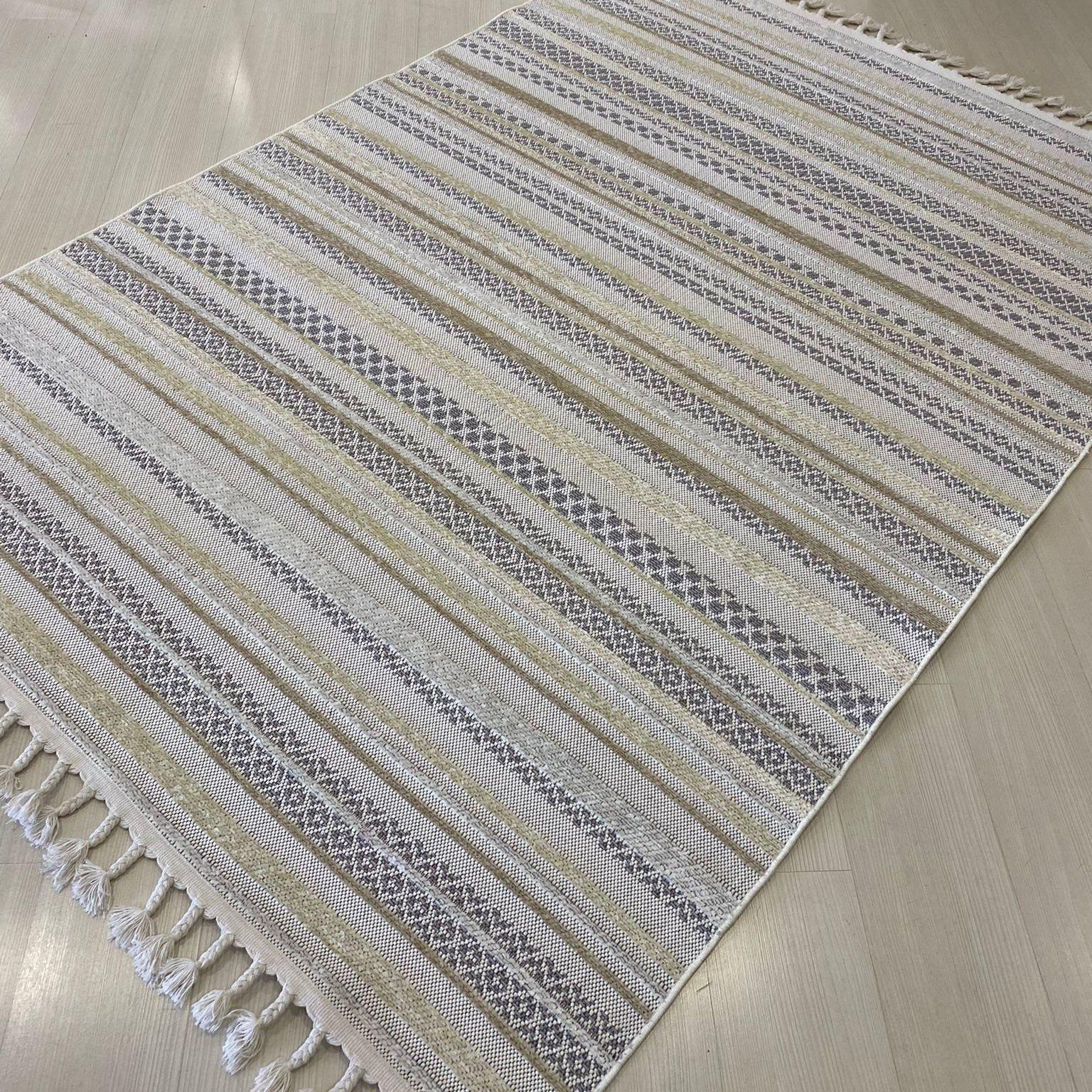 Meridyen Serisi 4801 Bej-Beyaz Şönil Kilim Yıkanabilir