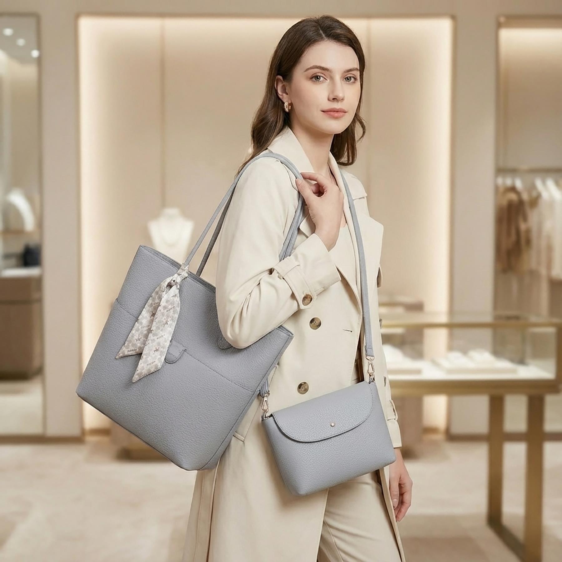  Nas Bag Kadın  Büyük Boy İkili  Omuz Çanta Seti Gri Lopez