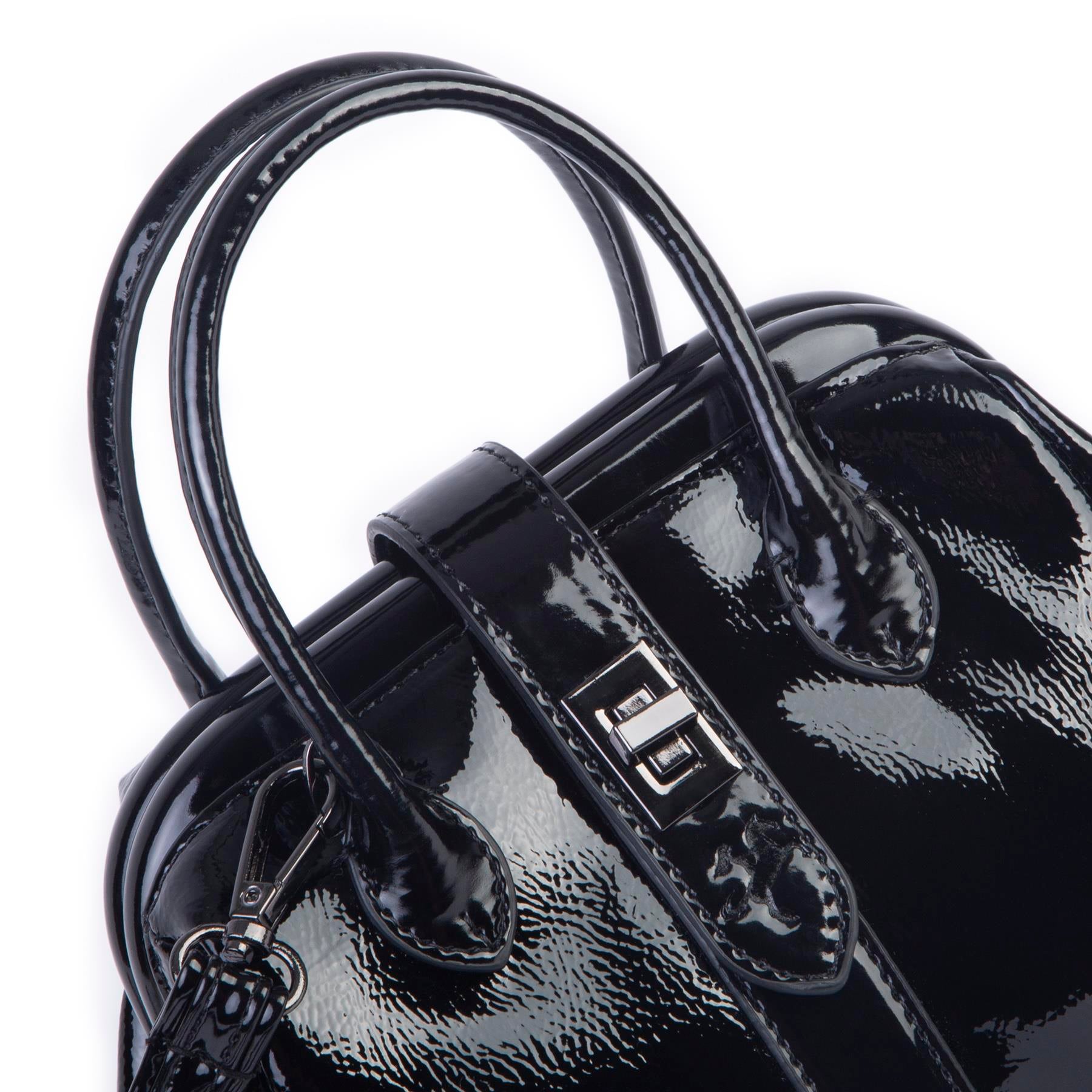  Nas Bag Kadın  Mini Boy Klipsli El ve Postacı Çantası Siyah Rugan (20x13 cm)