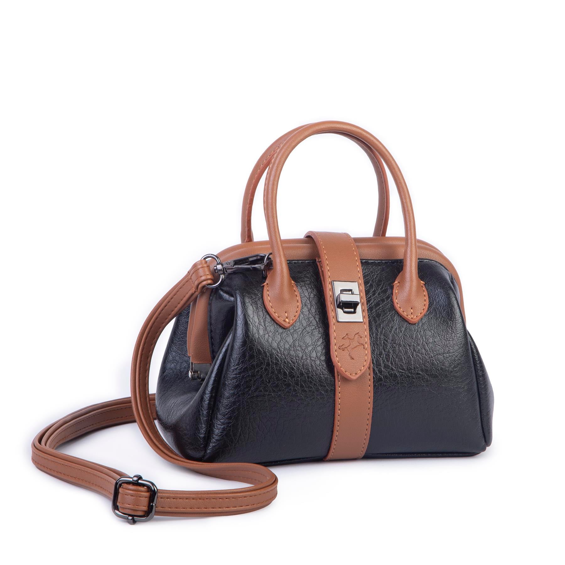  Nas Bag Kadın  Mini Boy Klipsli El ve Postacı Çantası Siyah Taba Victoria (20x13 cm)