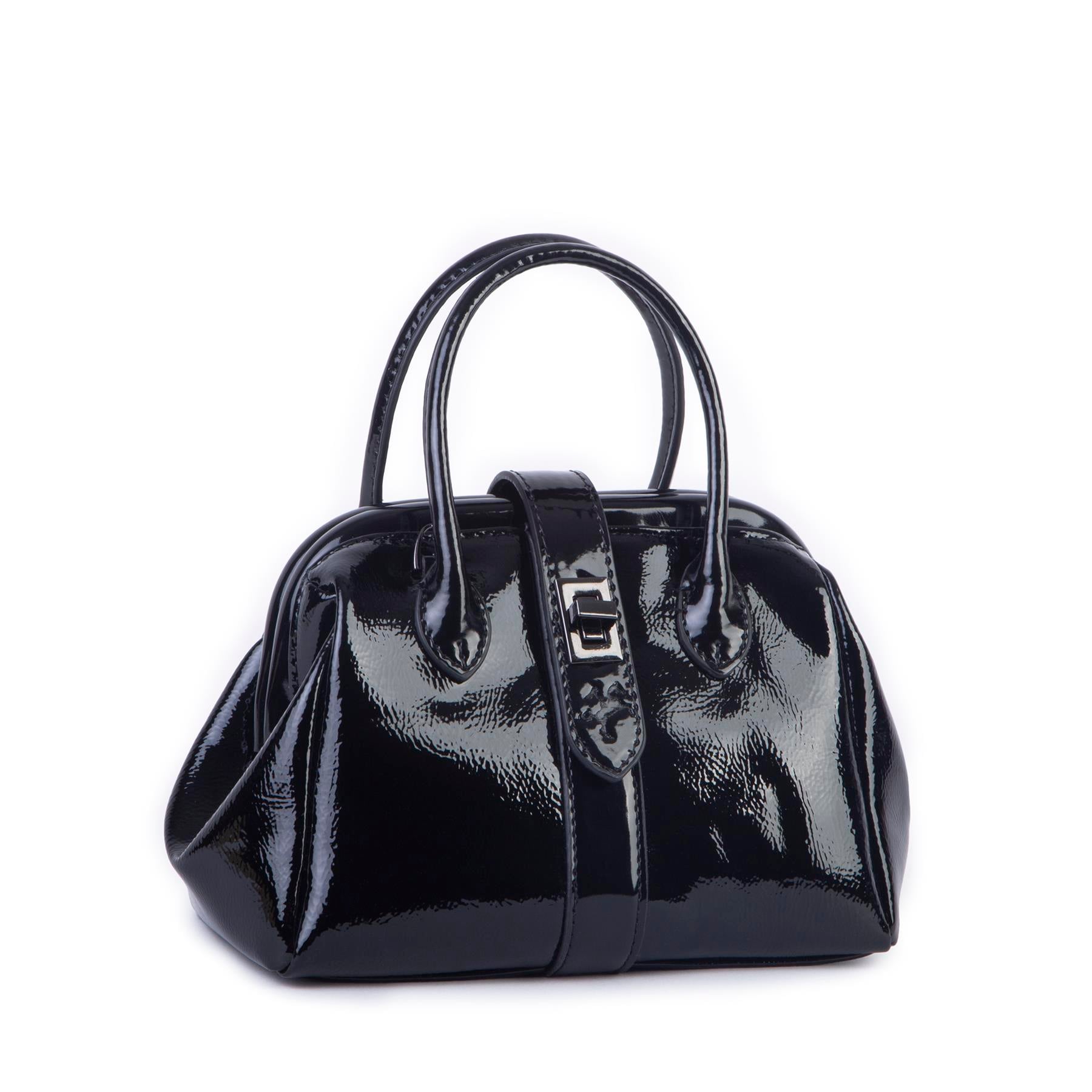  Nas Bag Kadın  Mini Boy Klipsli El ve Postacı Çantası Siyah Rugan (20x13 cm)