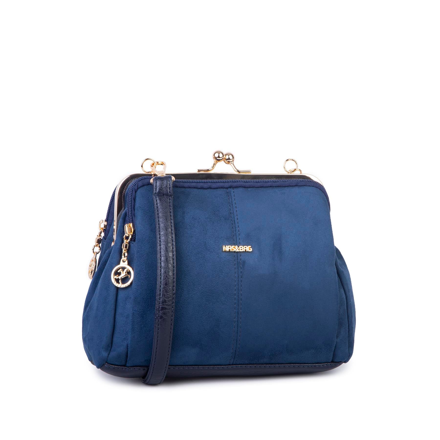 Nas Bag Burslu Klipsli Vintage Omuz ve Çapraz Çanta (23x20 cm ebatlarındadır) Lacivert Süet