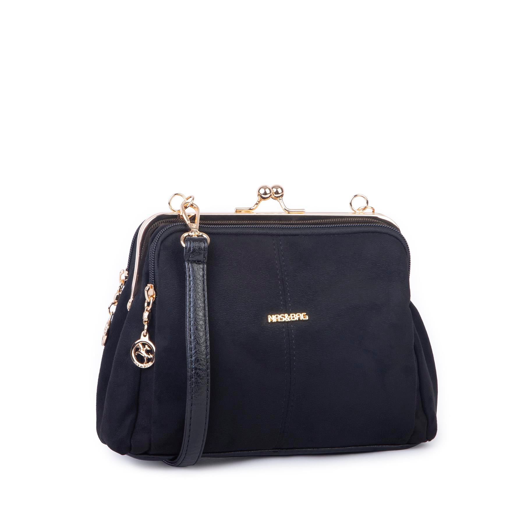 Nas Bag Burslu Klipsli Vintage Omuz ve Çapraz Çanta (23x20 cm ebatlarındadır) Siyah Süet