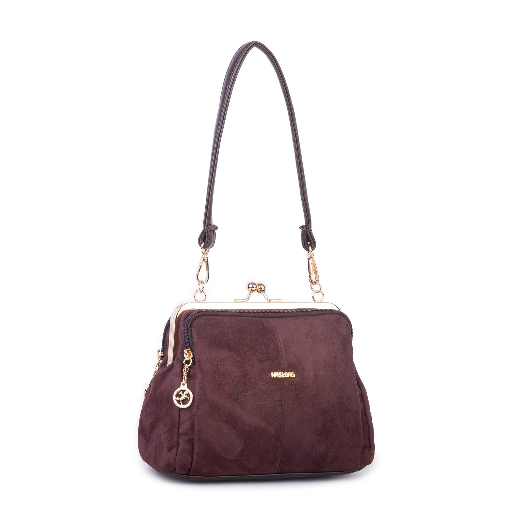 Nas Bag Burslu Klipsli Vintage Omuz ve Çapraz Çanta (23x20 cm ebatlarındadır) Kahve Süet