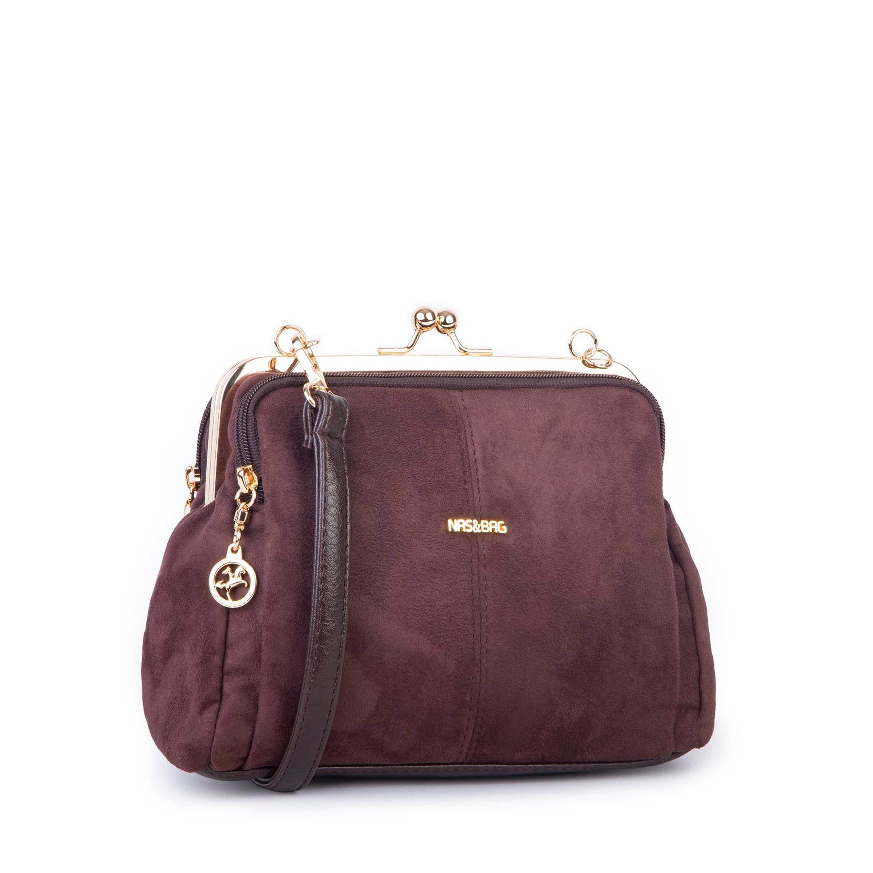 Nas Bag Burslu Klipsli Vintage Omuz ve Çapraz Çanta (23x20 cm ebatlarındadır) Kahve Süet
