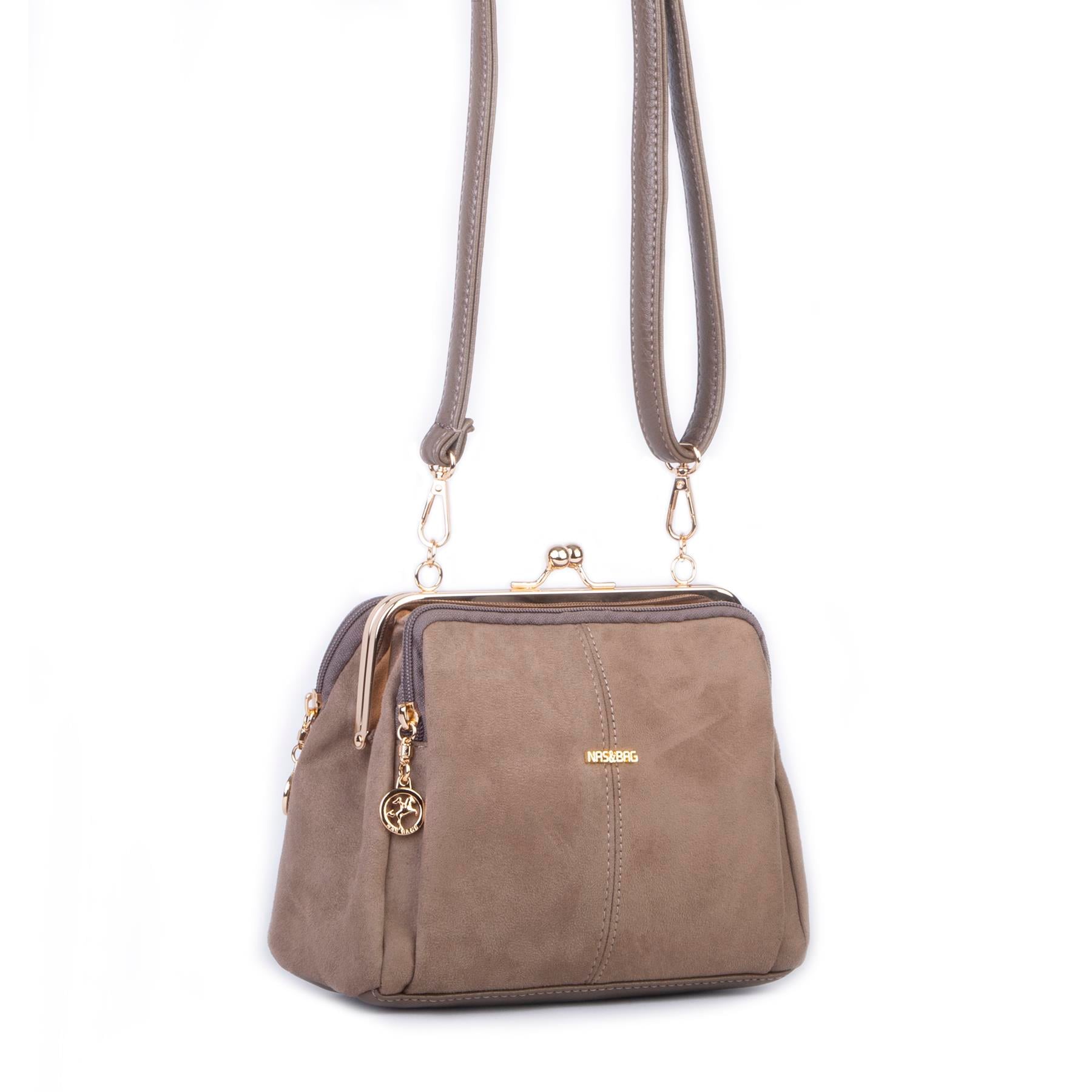 Nas Bag Burslu Klipsli Vintage Omuz ve Çapraz Çanta (23x20 cm ebatlarındadır) Vizon Süet