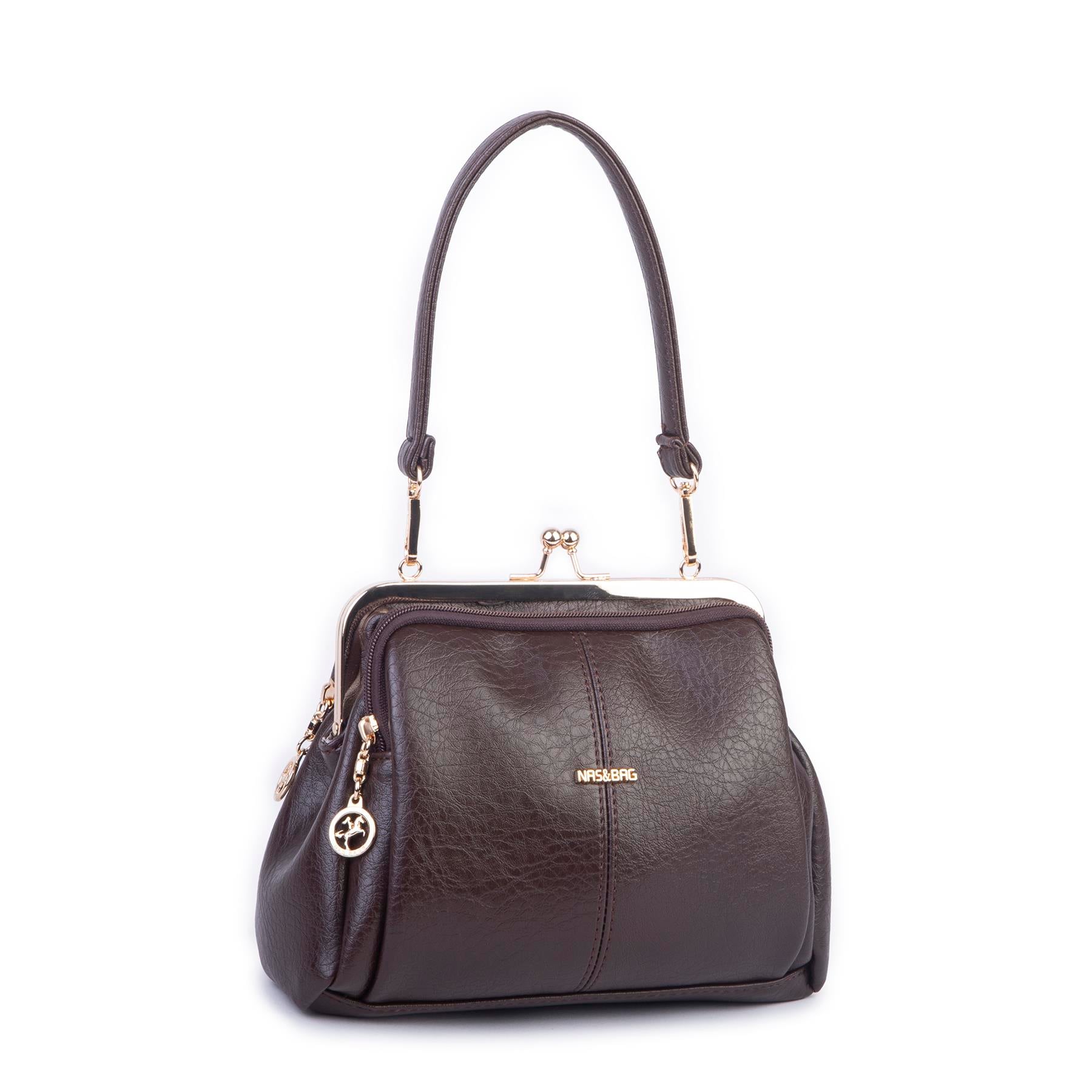 Nas Bag Burslu Klipsli Vintage Omuz ve Çapraz Çanta (23x20 cm ebatlarındadır) Kahve Victoria