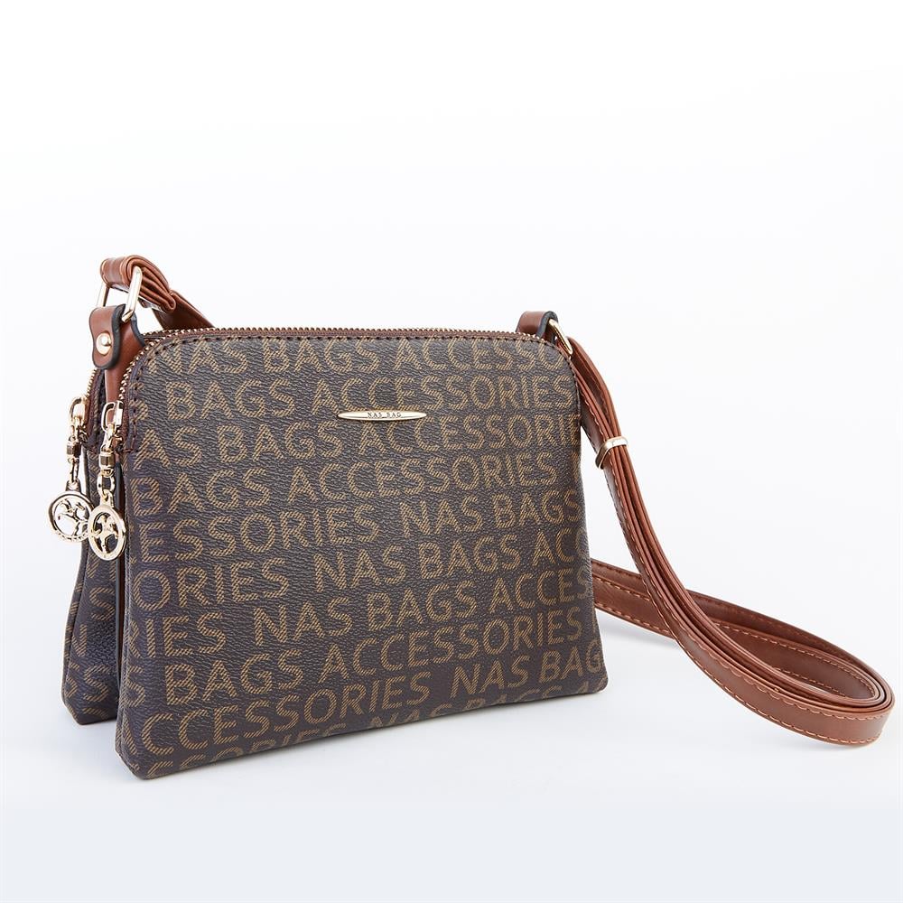 Nas Bag Çapraz Çanta Çift Fermuarlı Ayarlanabilir Askılı Çanta Kahve Taba Yazılı