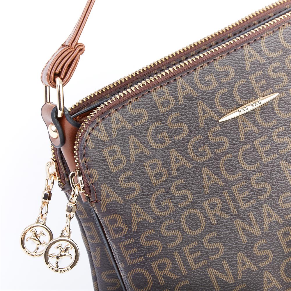 Nas Bag Çapraz Çanta Çift Fermuarlı Ayarlanabilir Askılı Çanta Kahve Taba Yazılı