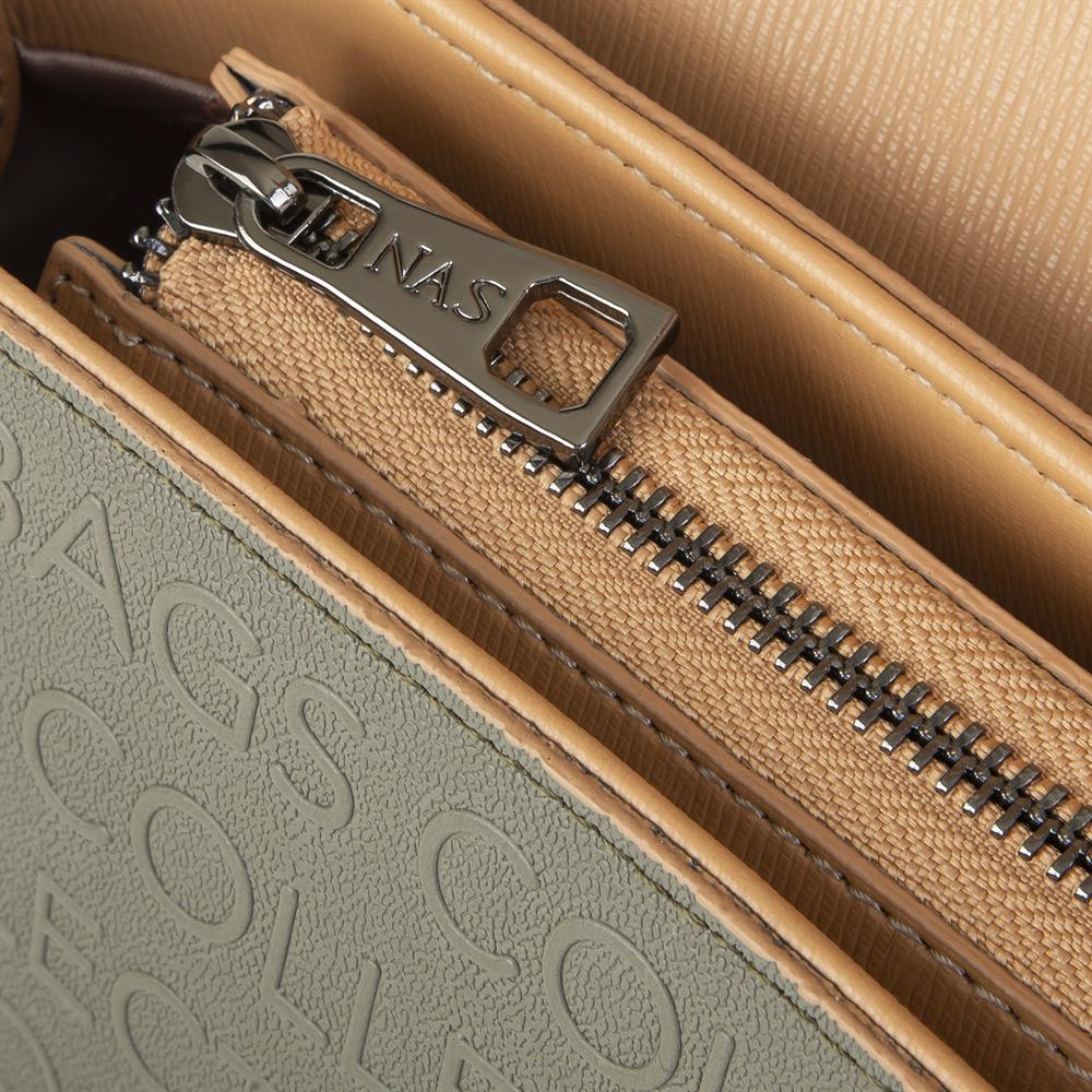 Nas Bag Çapraz Çanta Yeşil Camel  Gofraj