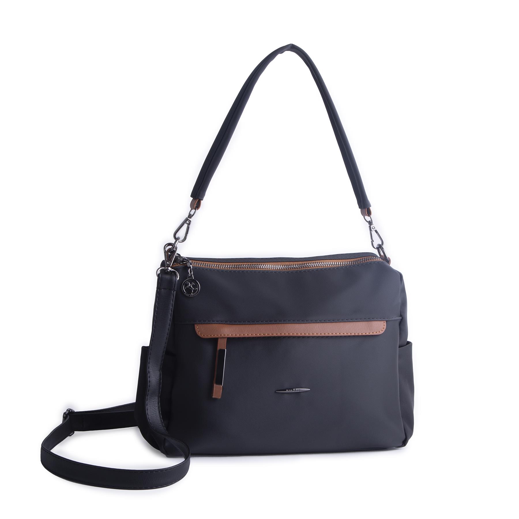 Nas Bag Çok Gözlü Yumuşak ve Hafif Yapılı Çift Askılı Omuz ve Çapraz Çanta Siyah Taba  Buzzy  ( 30x24 cm )