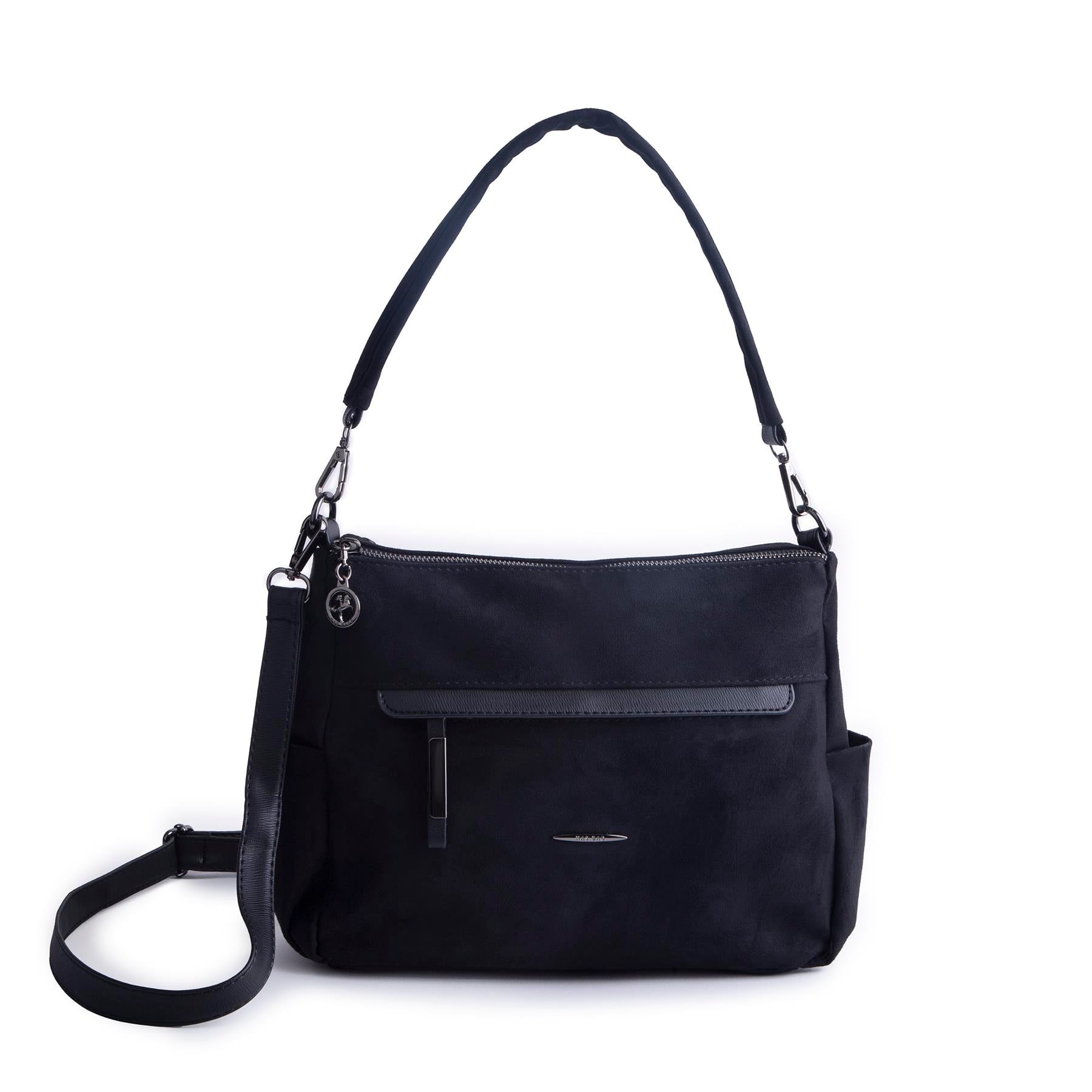 Nas Bag Çok Gözlü Yumuşak ve Hafif Yapılı Çift Askılı Omuz ve Çapraz Çanta Siyah Süet  ( 30x24 cm )