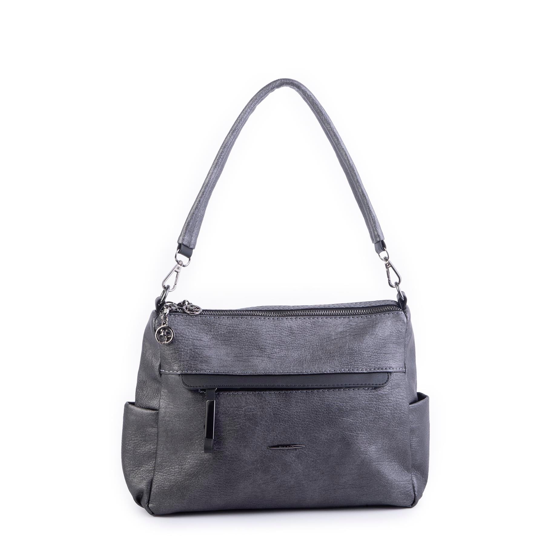 Nas Bag Çok Gözlü Yumuşak ve Hafif Yapılı Çift Askılı Omuz ve Çapraz Çanta Gri Siyah Lizbon ( 30x24 cm )