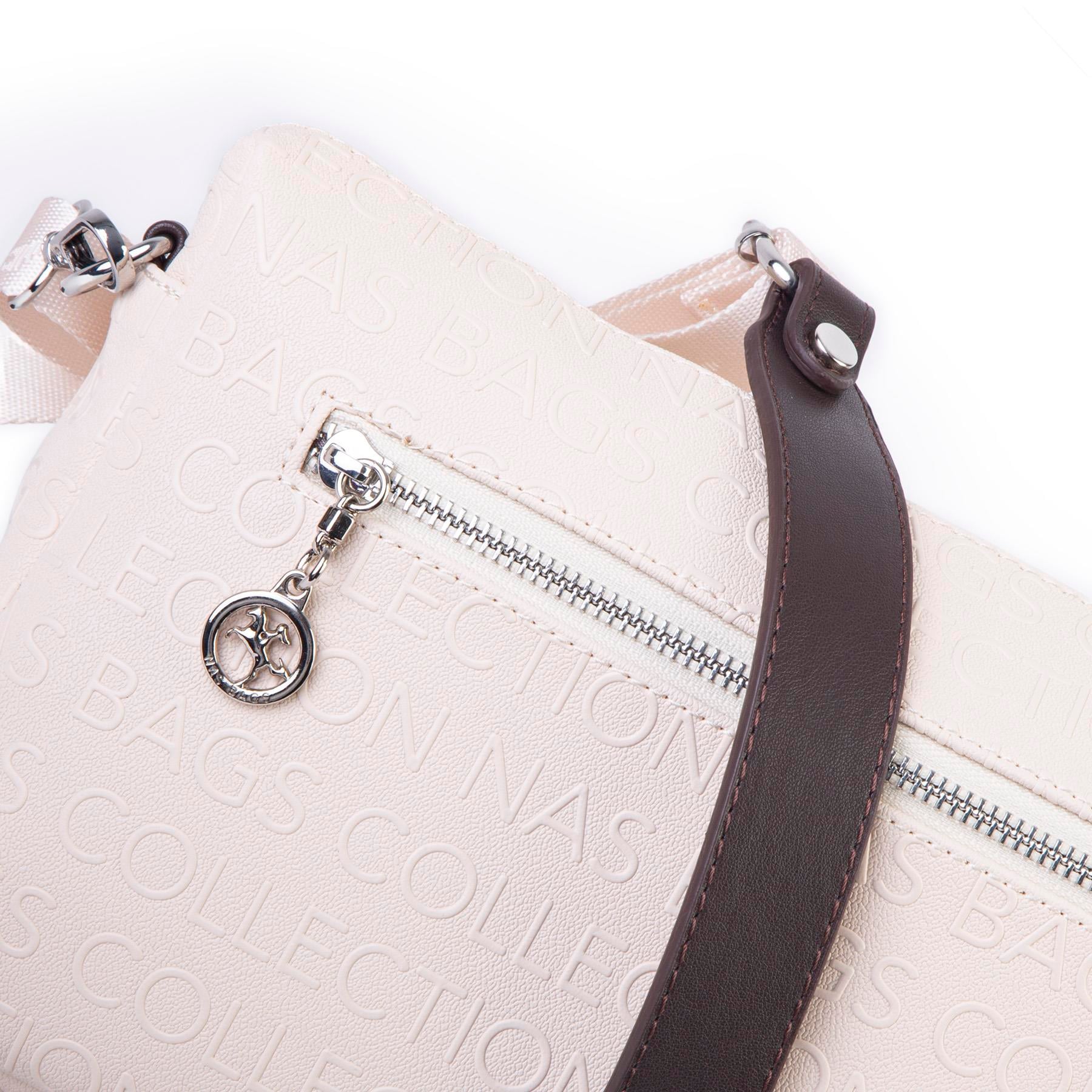 Nas Bag Günlük Çok Gözlü Çanta (en: 26 cm  ; boy:17 cm) Krem Kahve Gofraj