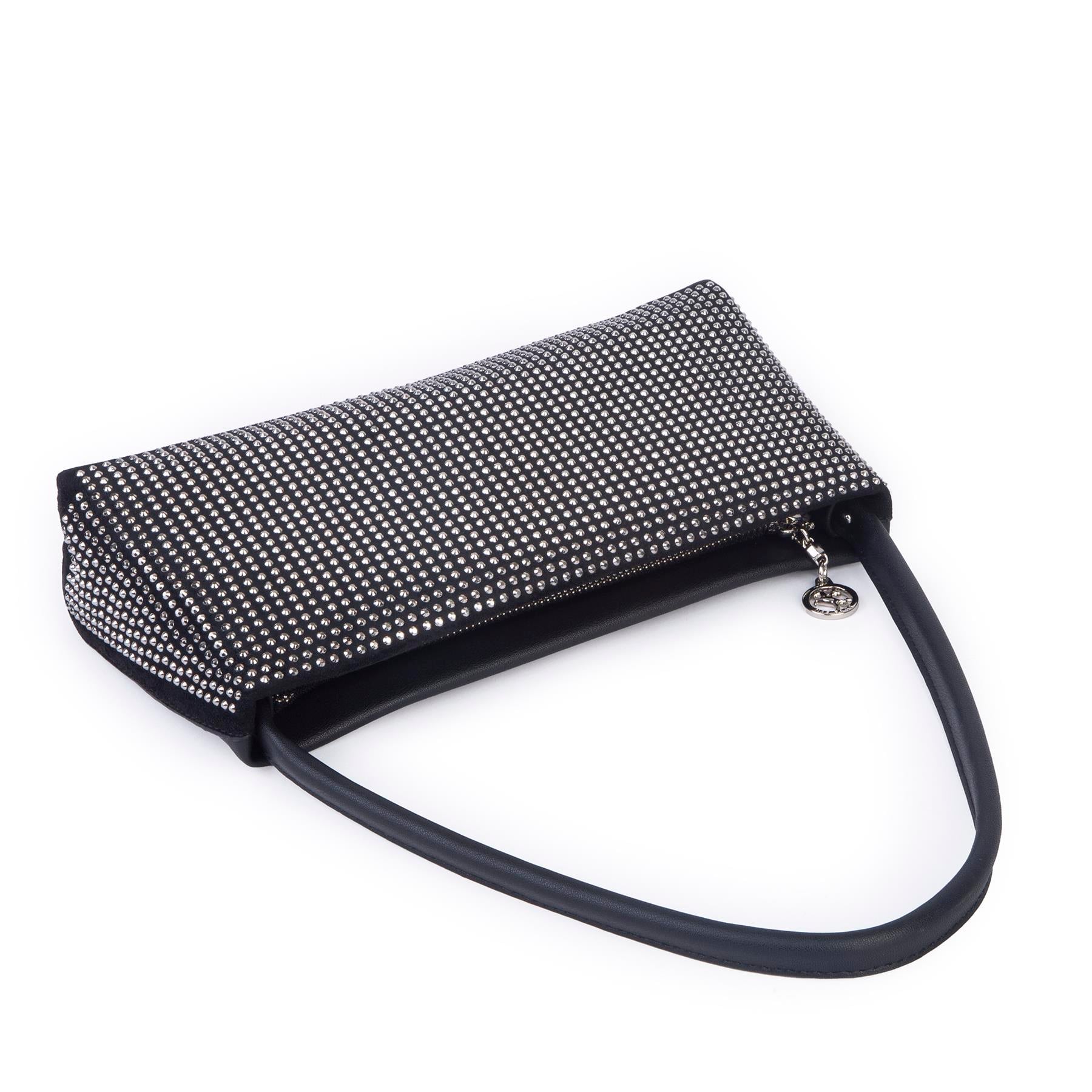 Nas Bag Kadın Basic Baget Omuz ve Çapraz Çanta Siyah Gümüş Taşlı (27x12 cm )