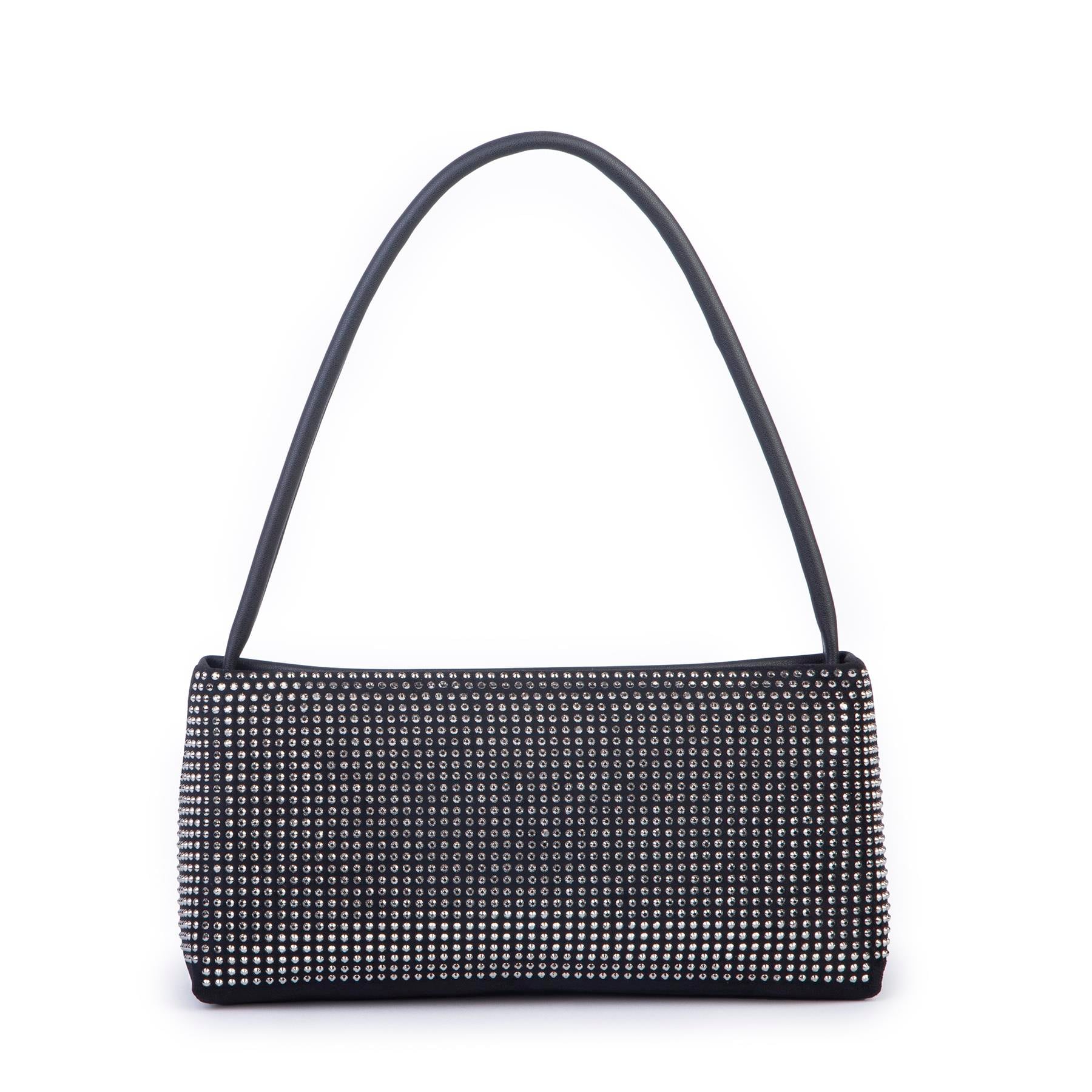 Nas Bag Kadın Basic Baget Omuz ve Çapraz Çanta Siyah Gümüş Taşlı (27x12 cm )