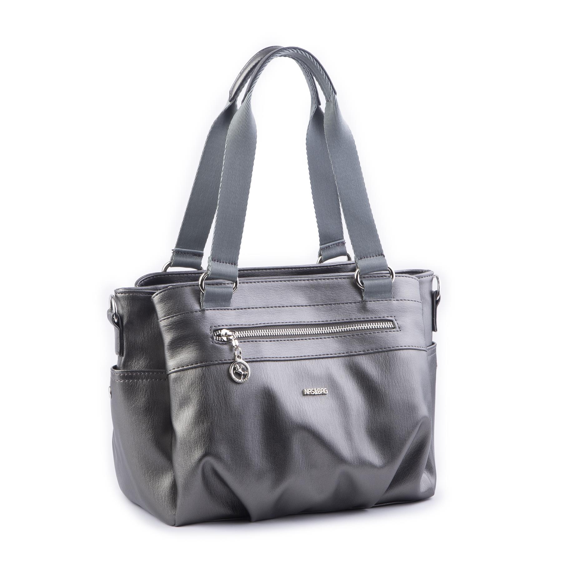 Nas Bag Kadın Çanta Omuz El ve Çapraz Çanta Çok Gözlü Gri Yıkamalı (en:37 cm ; boy:24 cm )