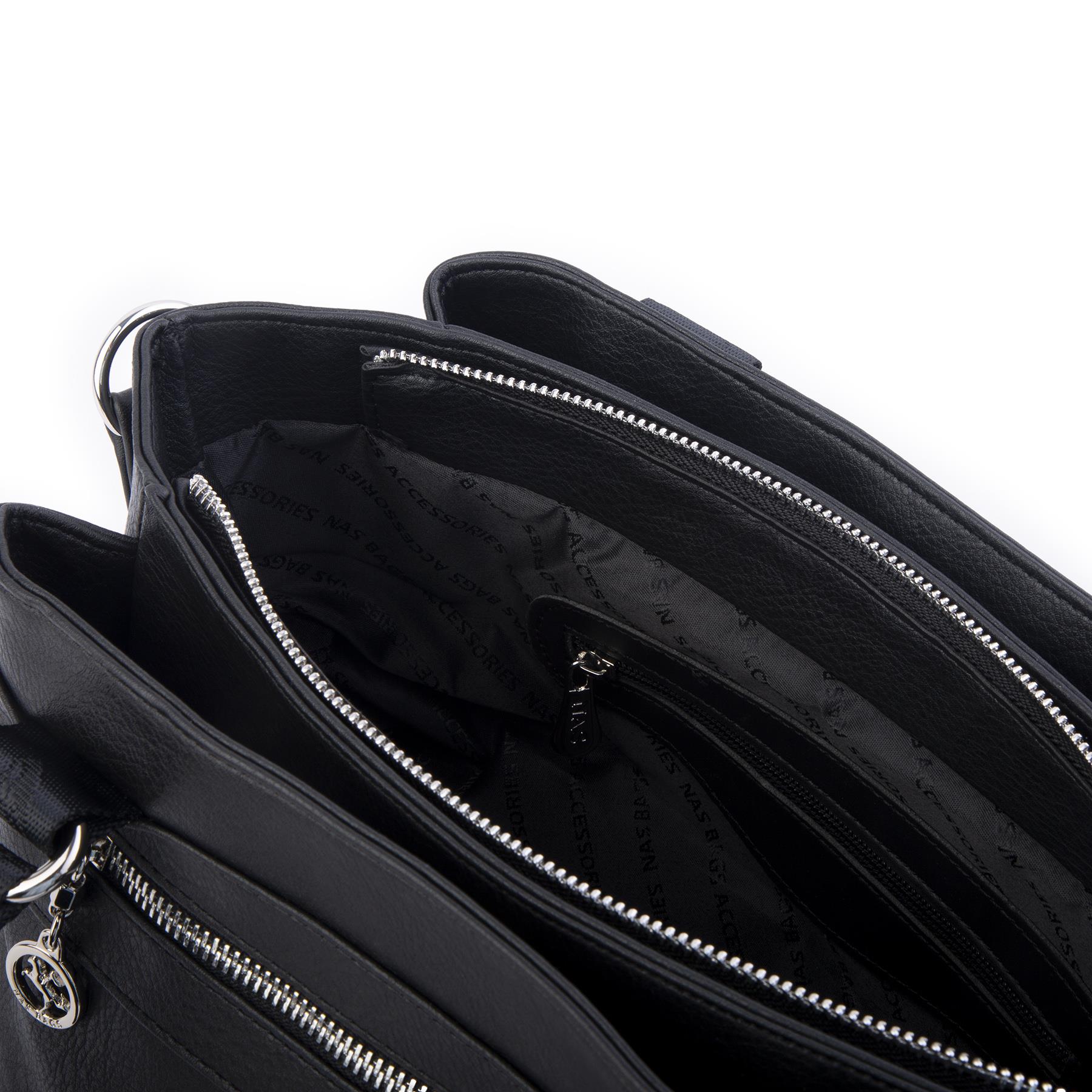 Nas Bag Kadın Çanta Omuz El ve Çapraz Çanta Çok Gözlü Siyah King  (en:37 cm ; boy:24 cm )