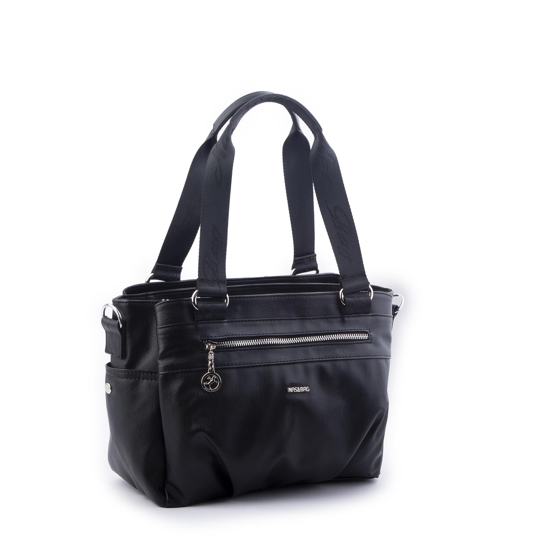 Nas Bag Kadın Çanta Omuz El ve Çapraz Çanta Çok Gözlü Siyah Yıkamalı   (en:37 cm ; boy:24 cm )