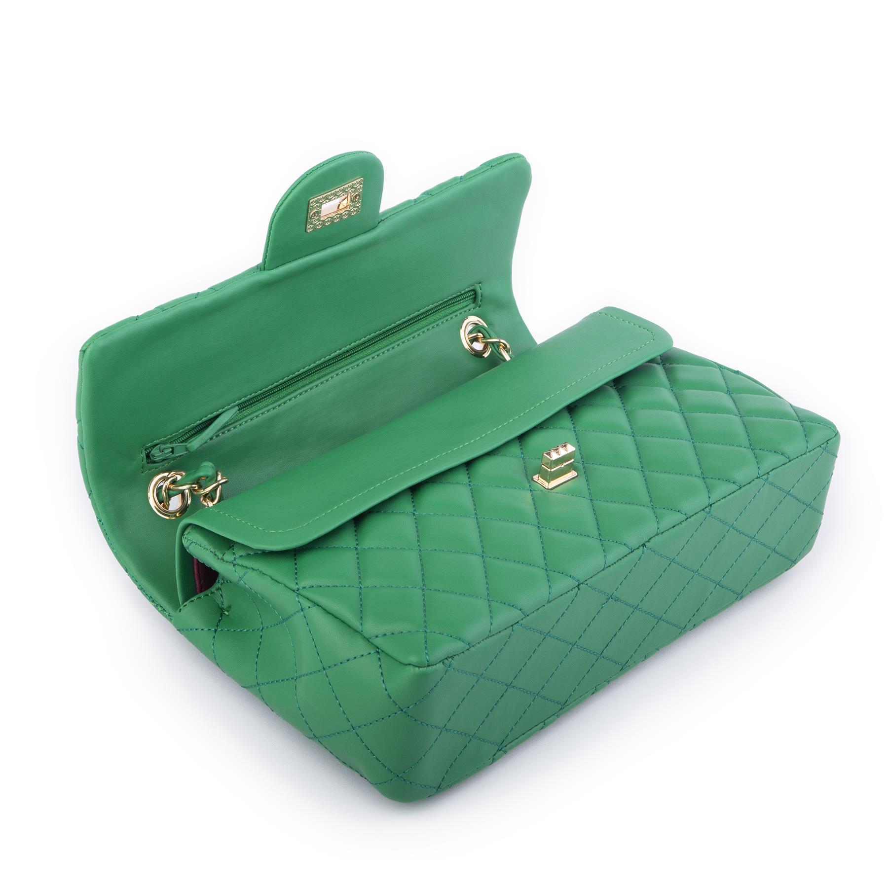 Nas Bag Kadın Çapraz Çanta Büyük Boy Zincirli Kapitone Çim Yeşili Nova (en:26 ; boy:16 cm ) 