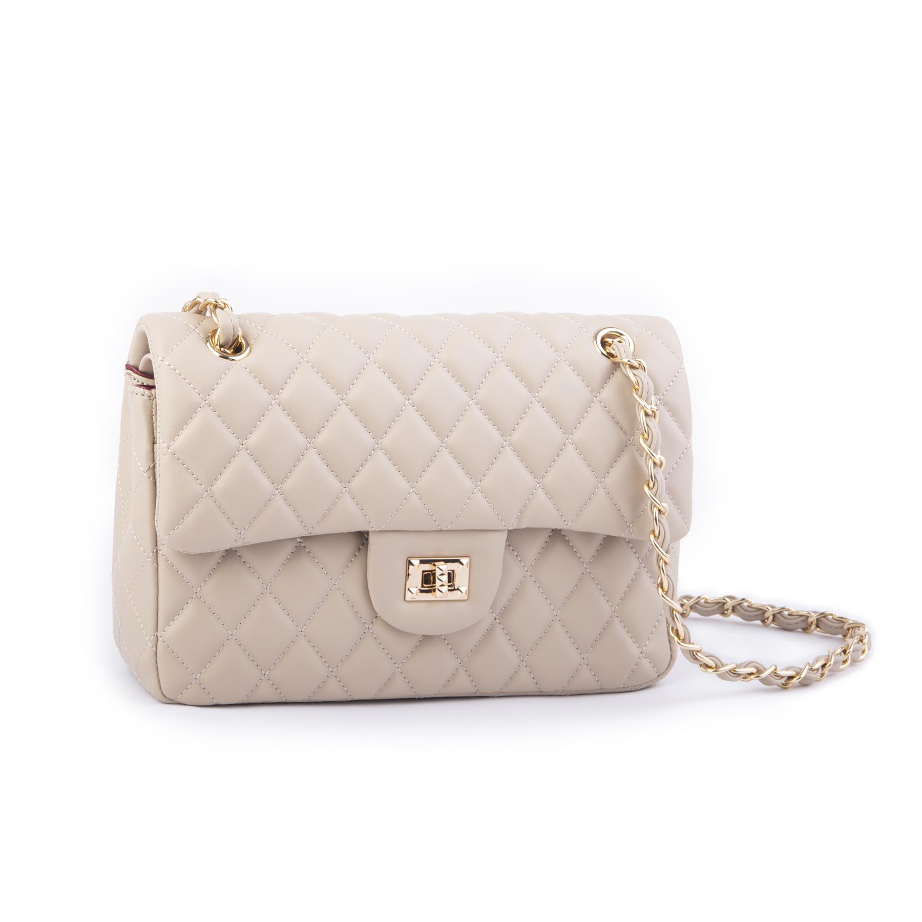 Nas Bag Kadın Çapraz Çanta Büyük Boy Zincirli Kapitone Kum  Nova (en:26 ; boy:16 cm ) 