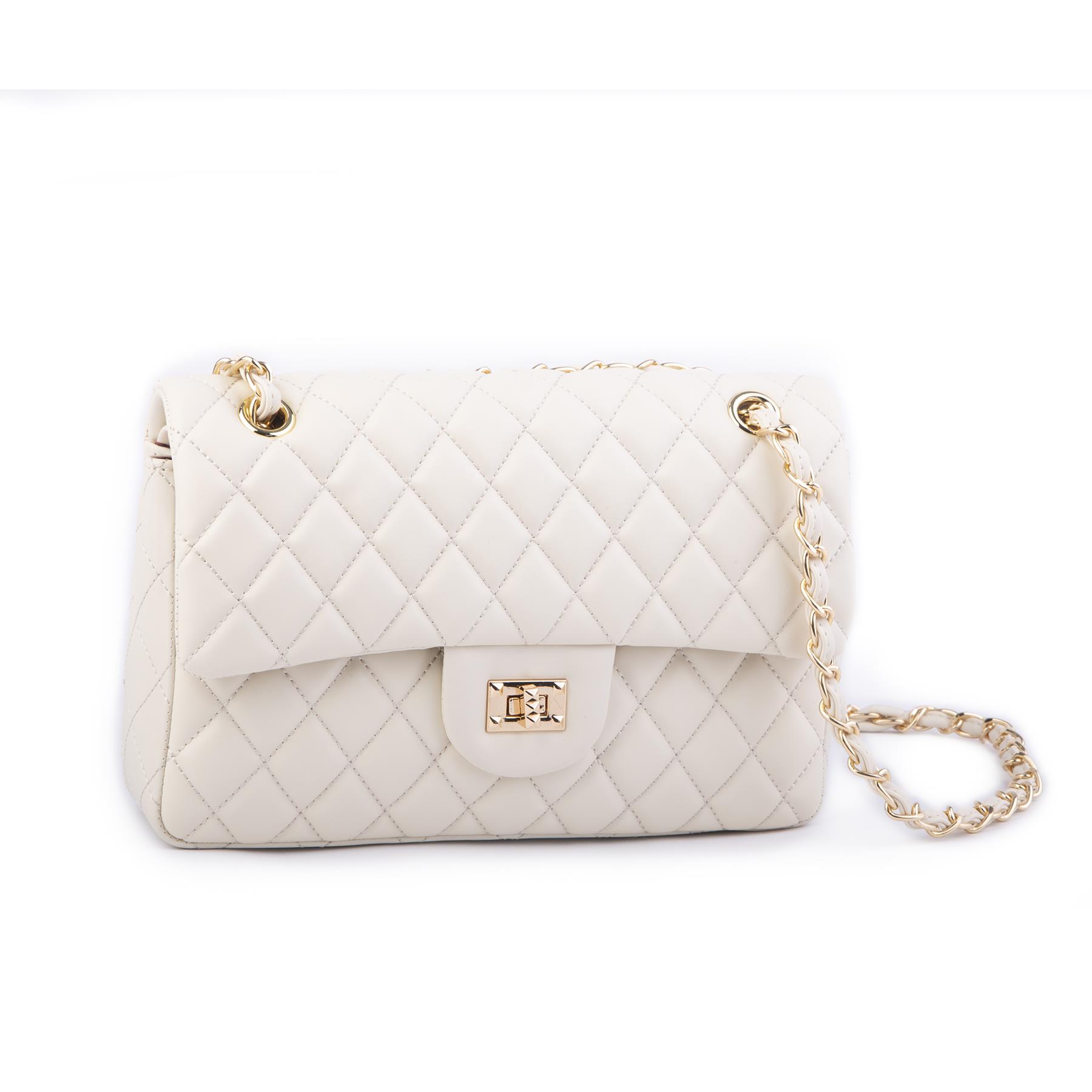 Nas Bag Kadın Çapraz Çanta Büyük Boy Zincirli Kapitone Krem  Nova (en:26 ; boy:16 cm ) 