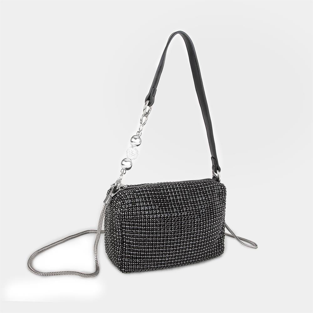Nas Bag Kadın Çapraz Çanta Diamond Serisi Gümüş Zincir Detaylı Şık Çanta  Siyah 