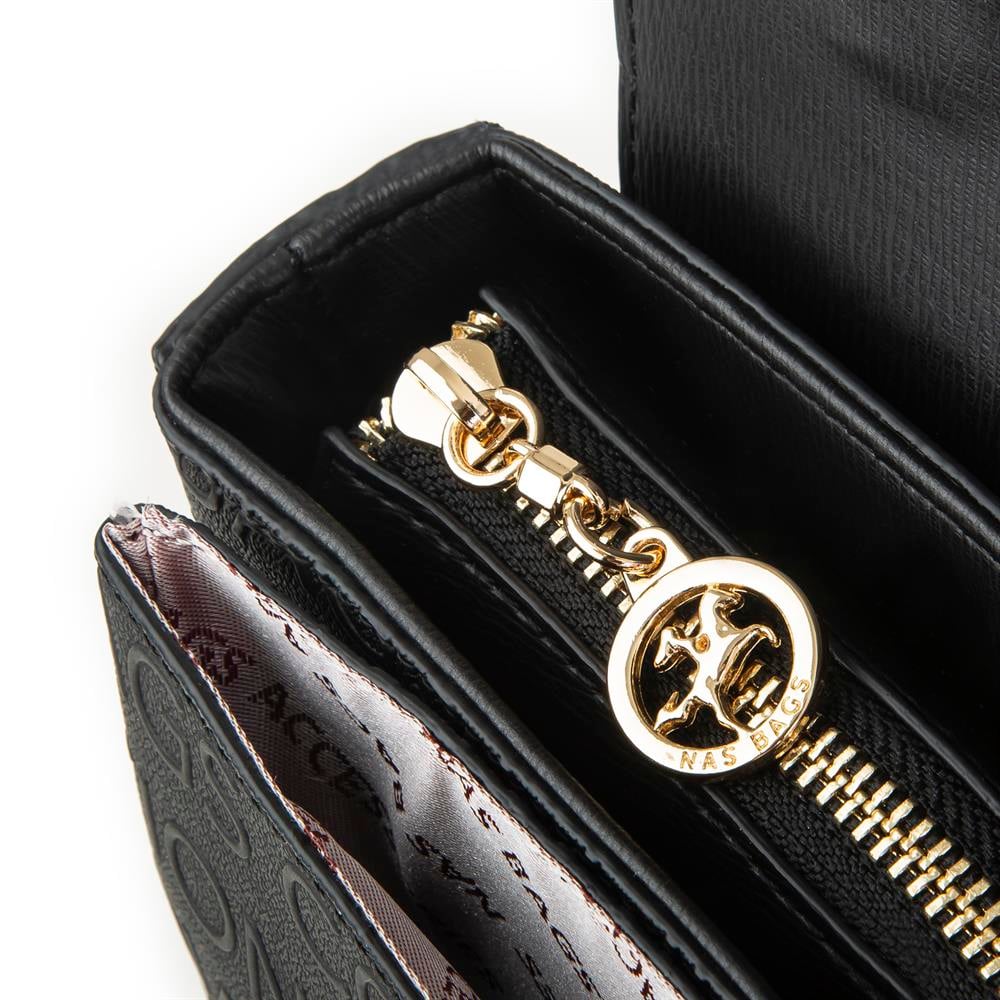 Nas Bag Kadın Çapraz Çanta Gold  Siyah  Gofraj