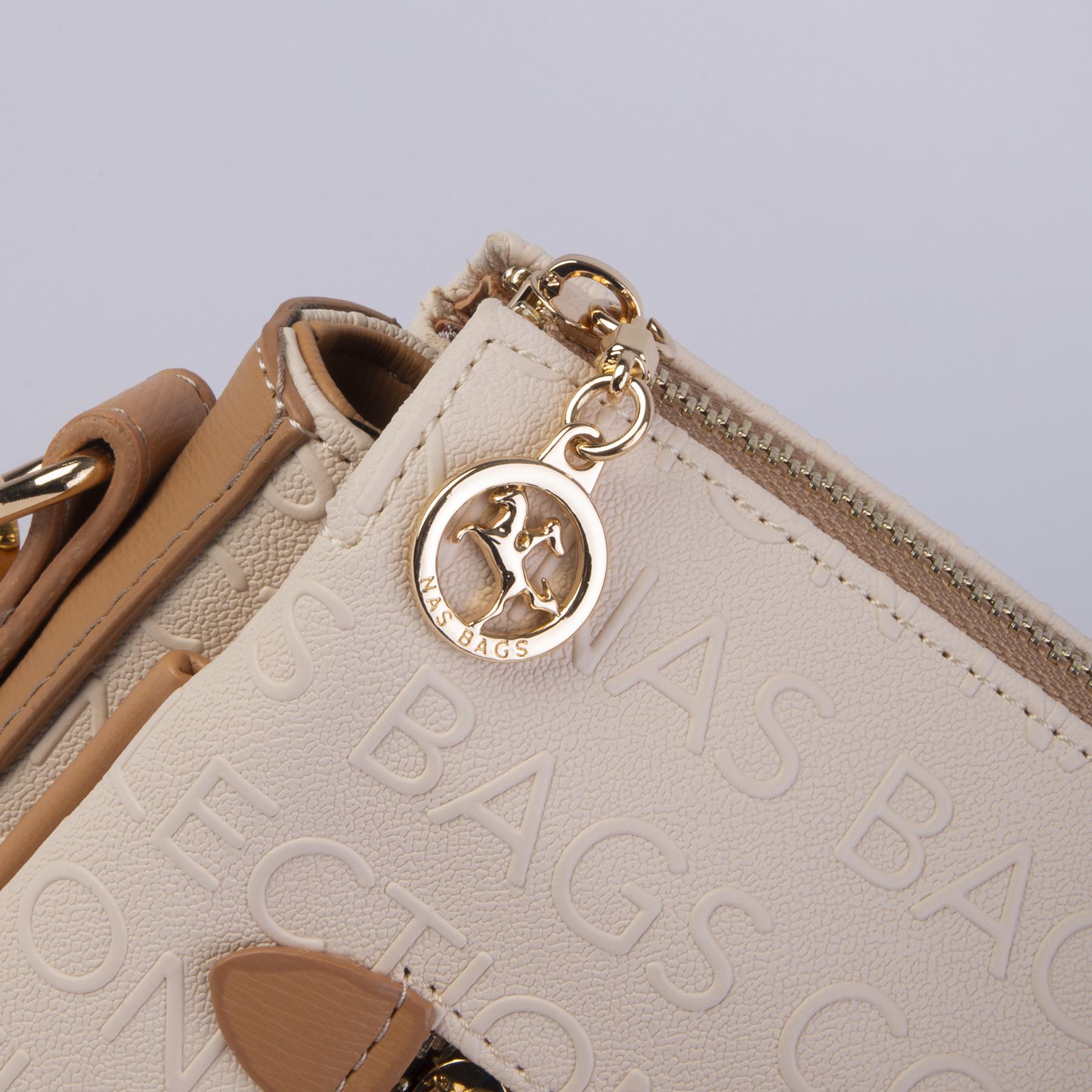 Nas Bag Kadın Çapraz Çanta Kalın Ayarlanabilir Askılı Çanta Krem Camel Gofraj (En: 26 cm,  Boy: 22 cm )