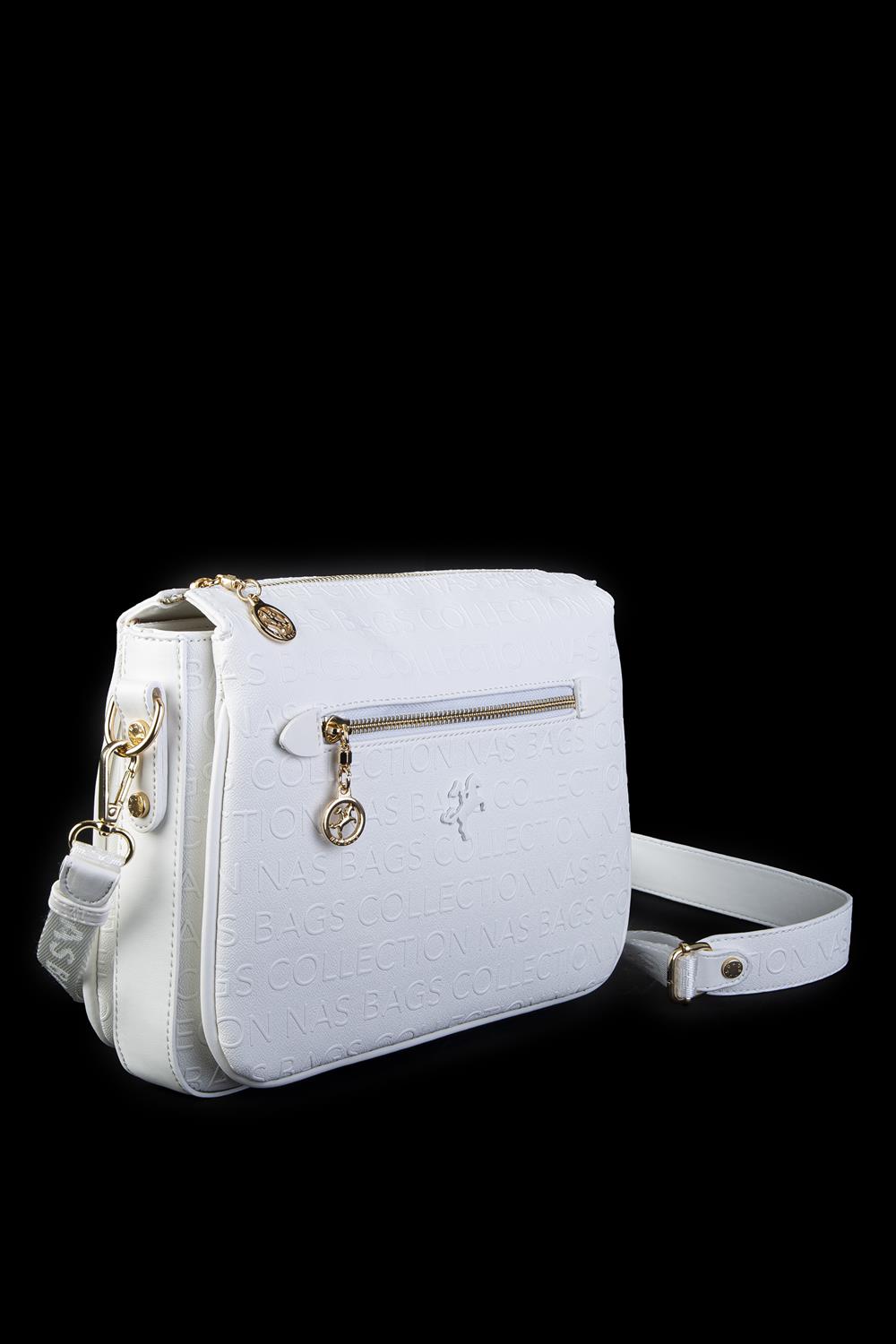 Nas Bag Kadın Çapraz Çanta Kalın Ayarlanabilir Askılı Çanta Beyaz Gofraj (En: 26 cm,  Boy: 22 cm )