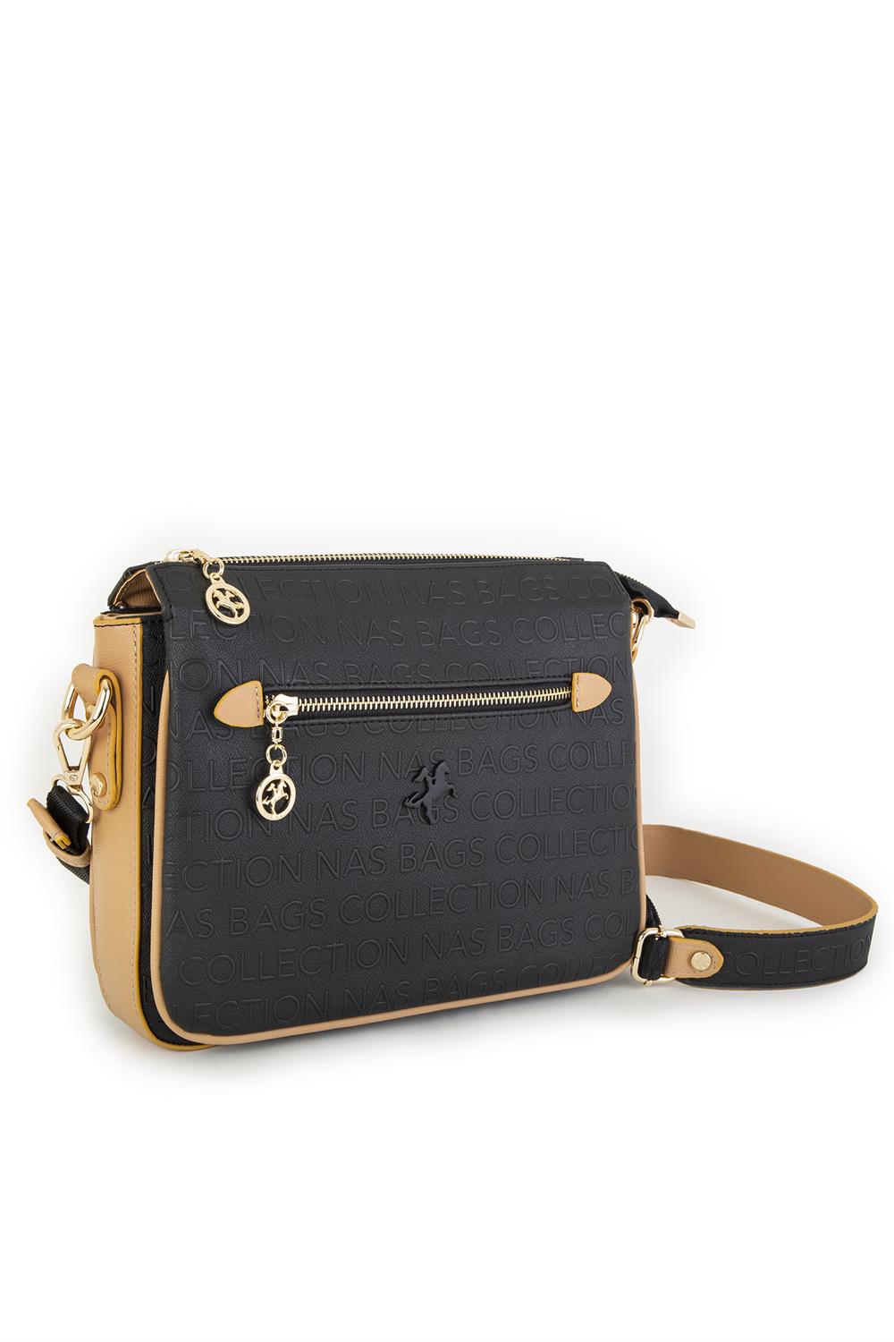 Nas Bag Kadın Çapraz Çanta Kalın Ayarlanabilir Askılı Çanta Siyah Camel Gofraj (En: 26 cm,  Boy: 22 cm )