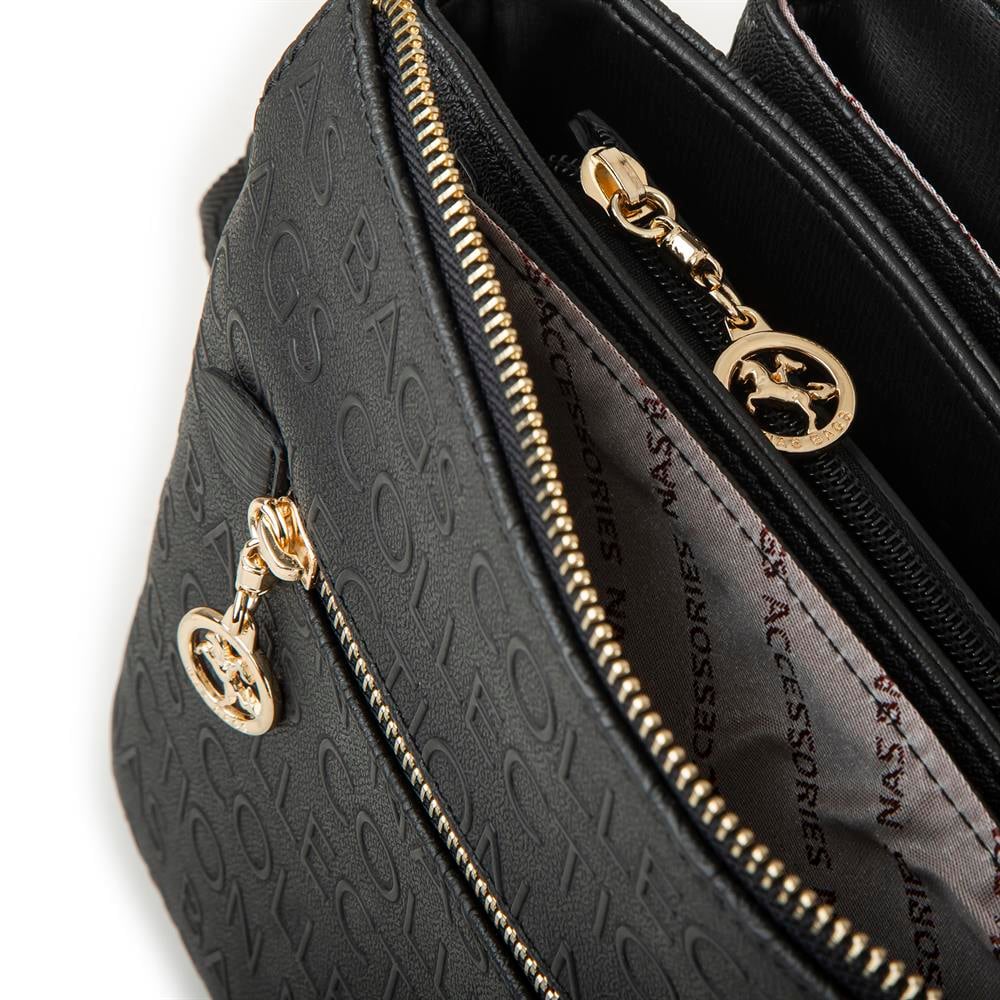 Nas Bag Kadın Çapraz Çanta Kalın Ayarlanabilir Askılı Çanta Siyah Gofraj (En: 26 cm,  Boy: 22 cm )
