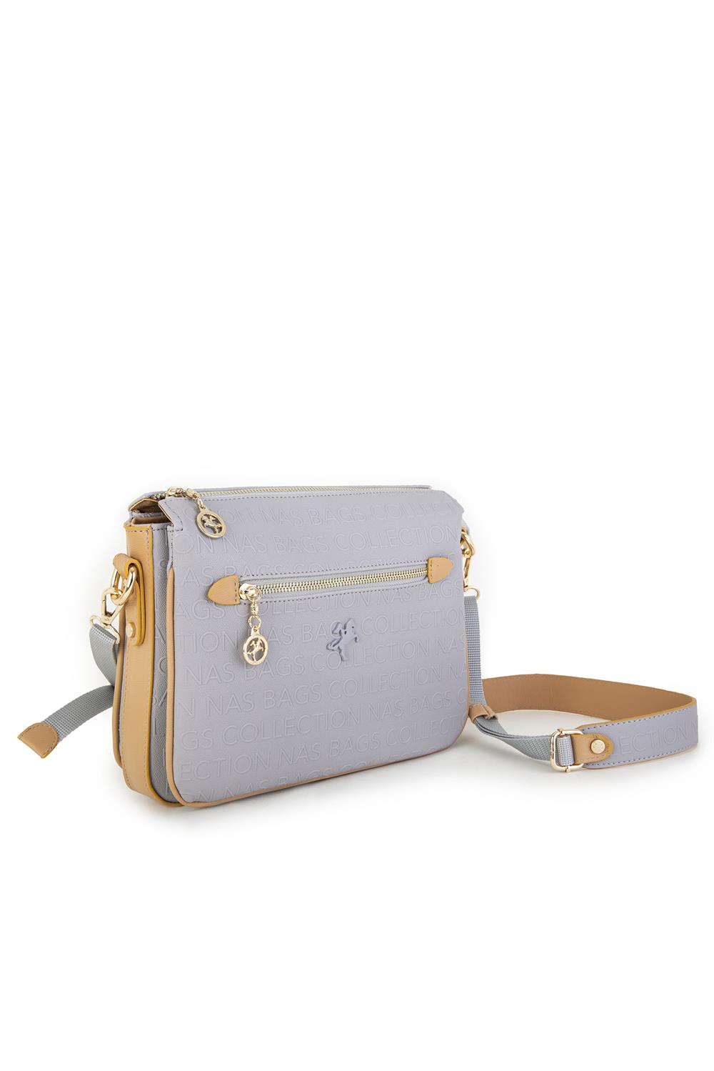 Nas Bag Kadın Çapraz Çanta Kalın Ayarlanabilir Askılı Çanta Gri Camel   Gofraj (En: 26 cm,  Boy: 22 cm )