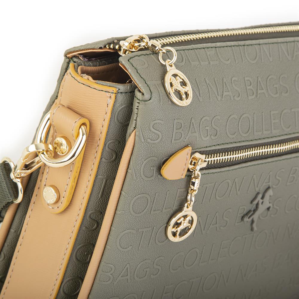 Nas Bag Kadın Çapraz Çanta Kalın Ayarlanabilir Askılı Çanta Yeşil Camel Gofraj (En: 26 cm,  Boy: 22 cm )