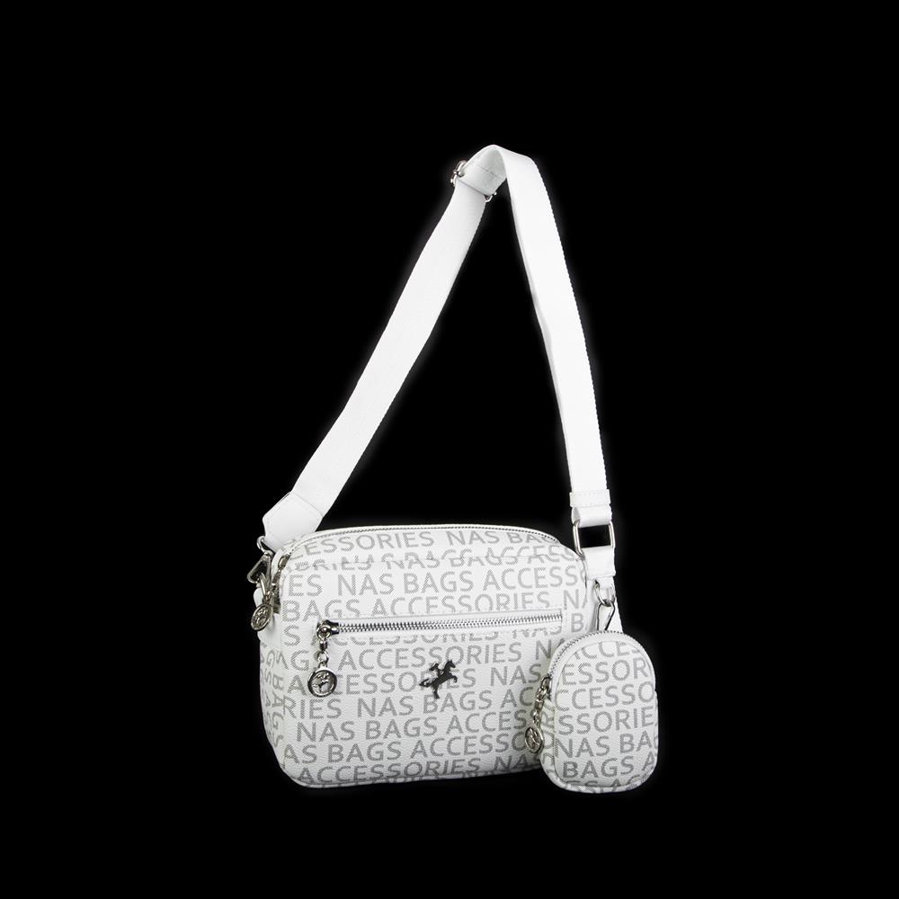 Nas Bag Kadın Çapraz Çanta Mini Cüzdanlı Ayarlanabilir Askılı Beyaz  Yazılı