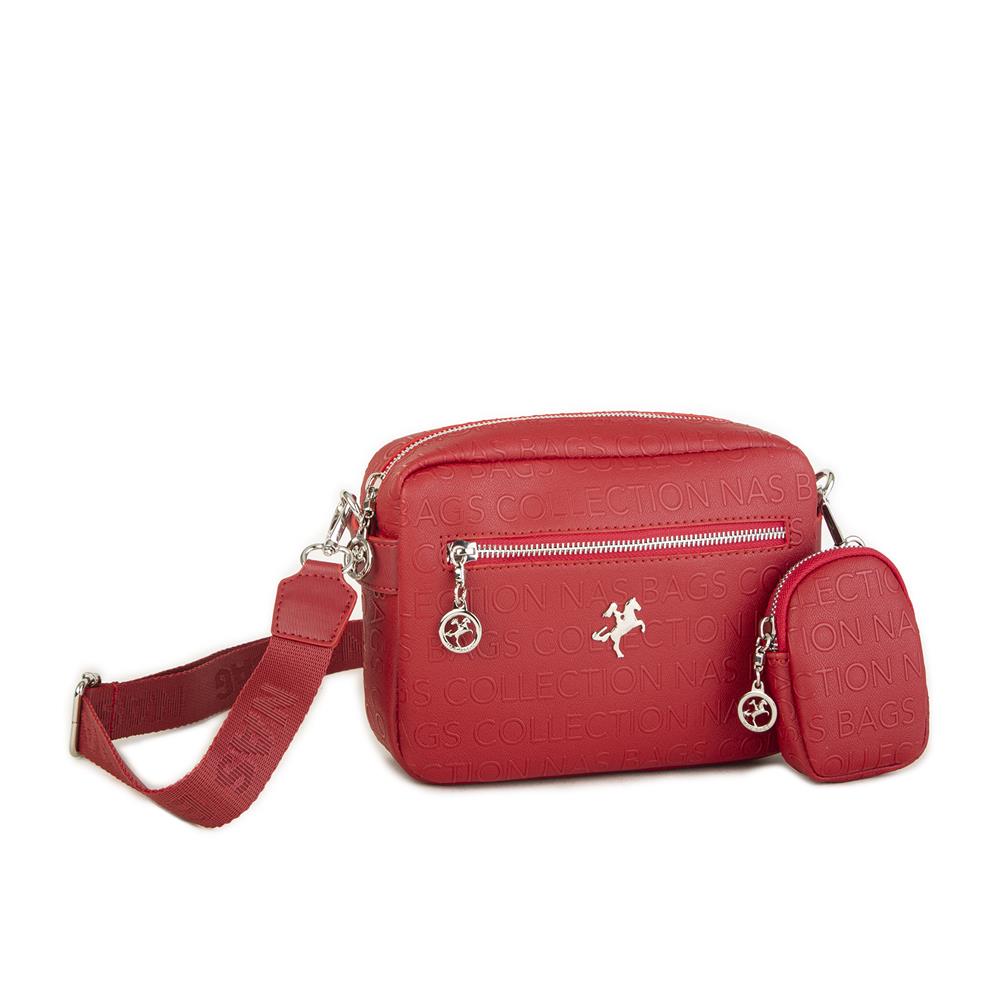 Nas Bag Kadın Çapraz Çanta Mini Cüzdanlı Ayarlanabilir Askılı Kırmızı  Gofraj