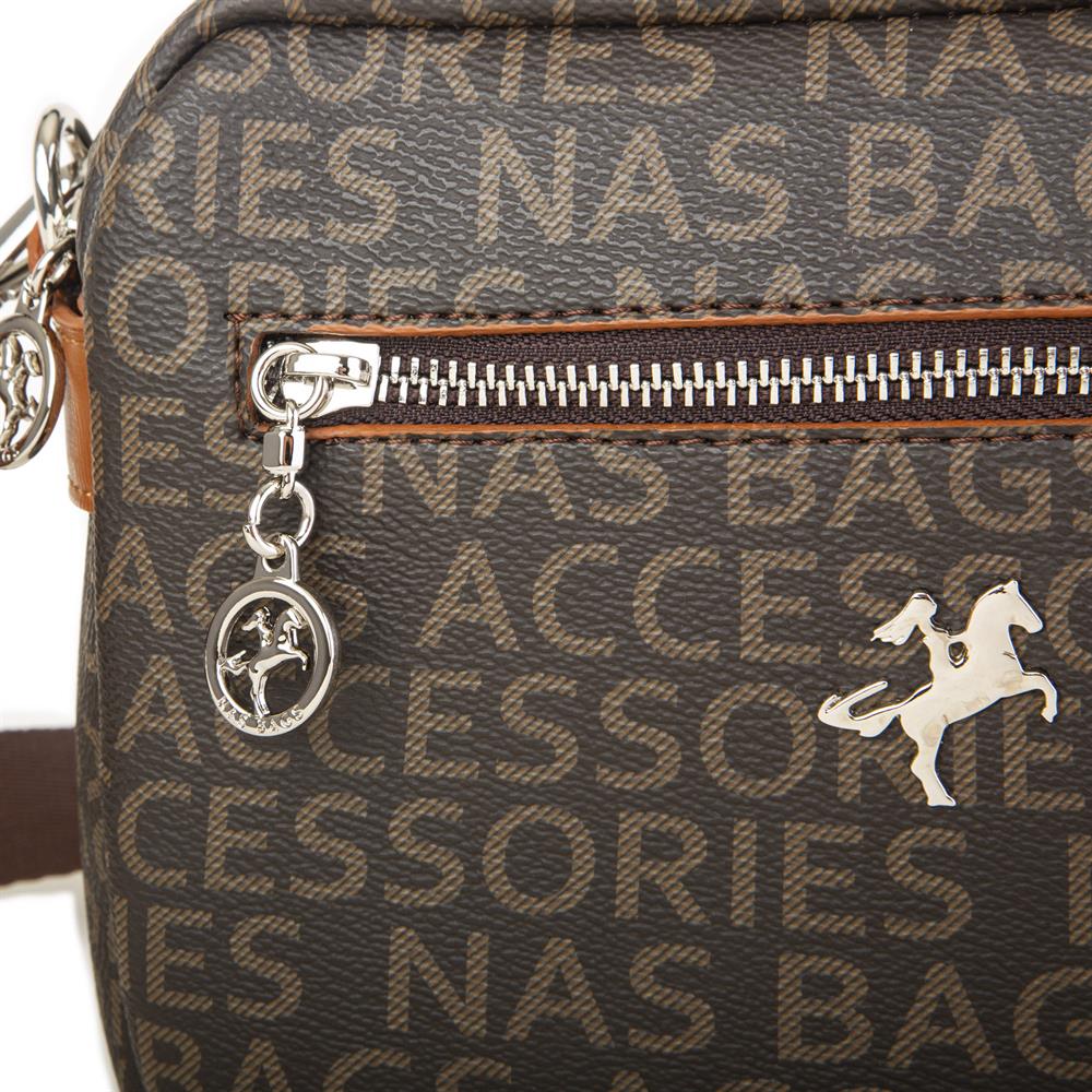 Nas Bag Kadın Çapraz Çanta Mini Cüzdanlı Ayarlanabilir Askılı Kahve Taba Yazılı